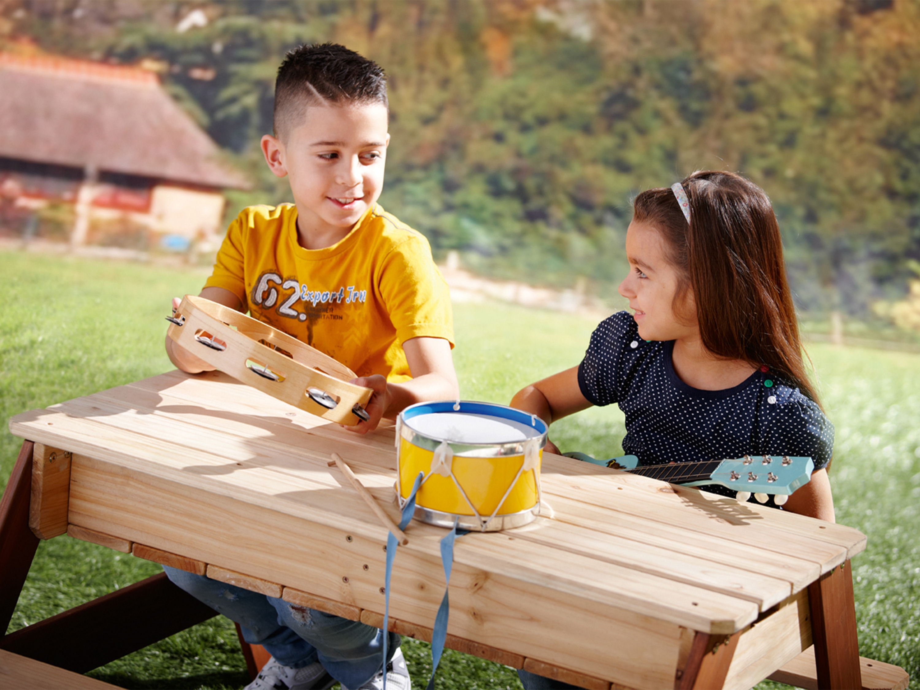 Nick Zand & Water Picknicktafel Bruin - Parasol Blauw/wit