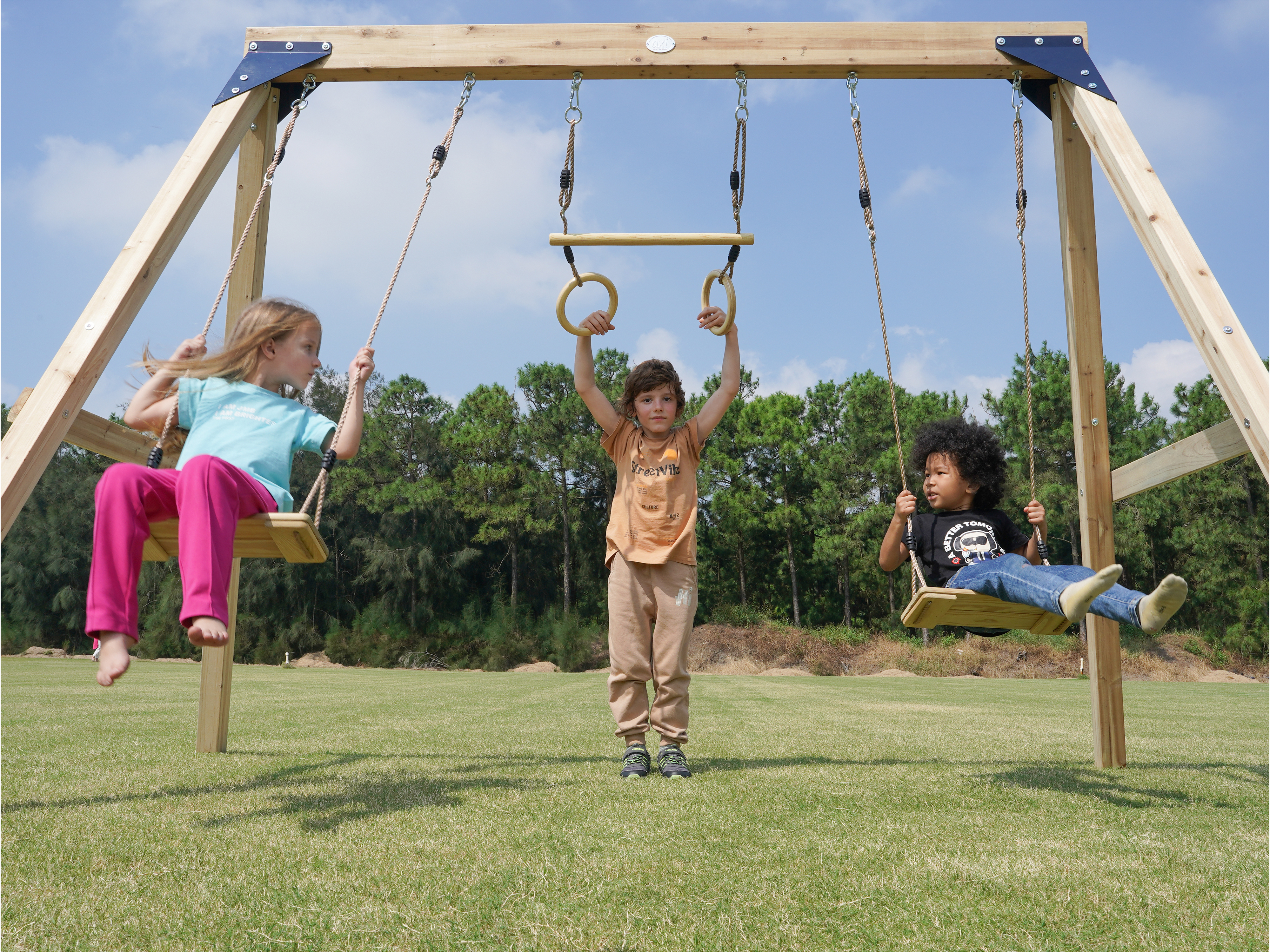 Maya Double wooden Swing with Trapeze Brown