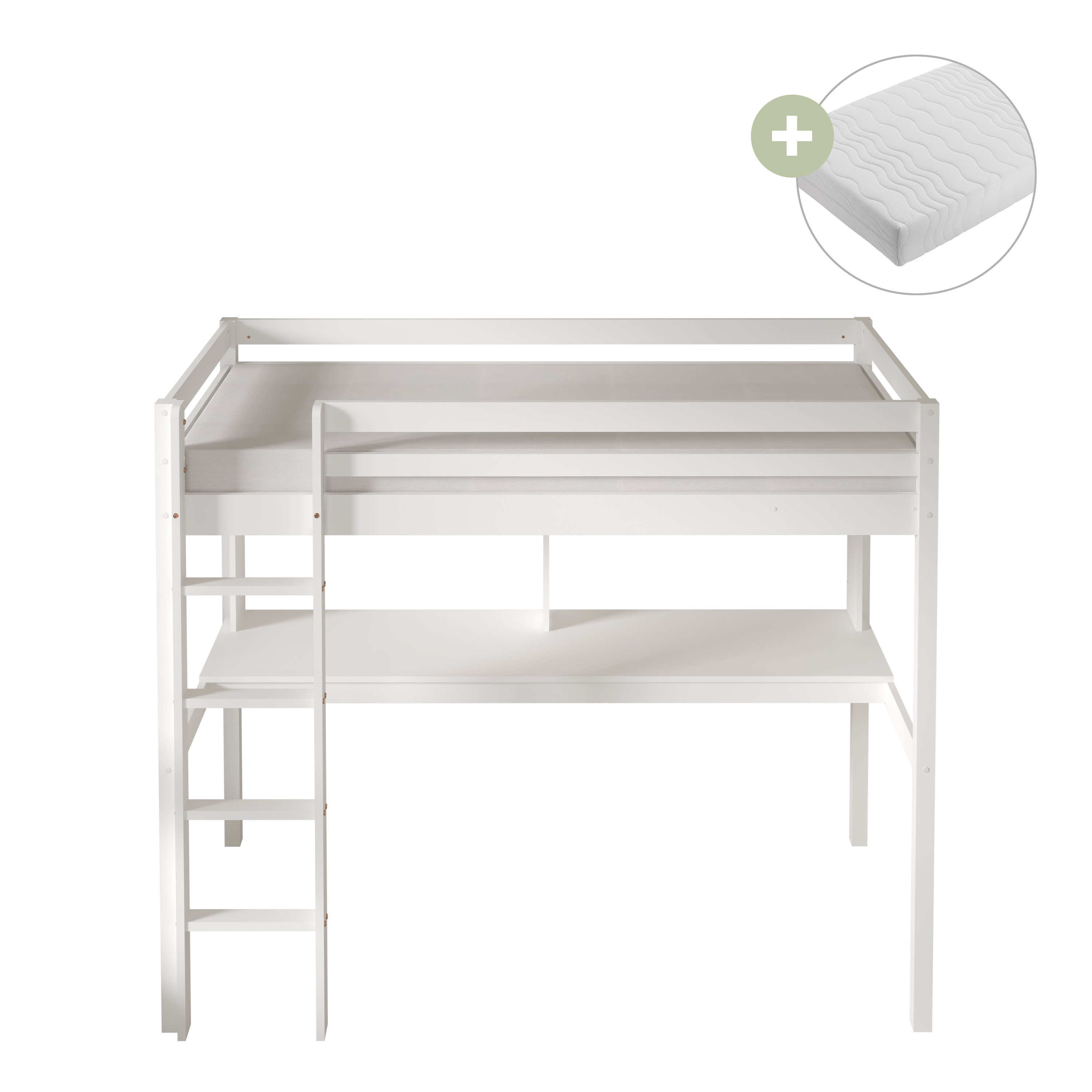 Sil Hochbett mit Schreibtisch Weiß – Ohne Matratze