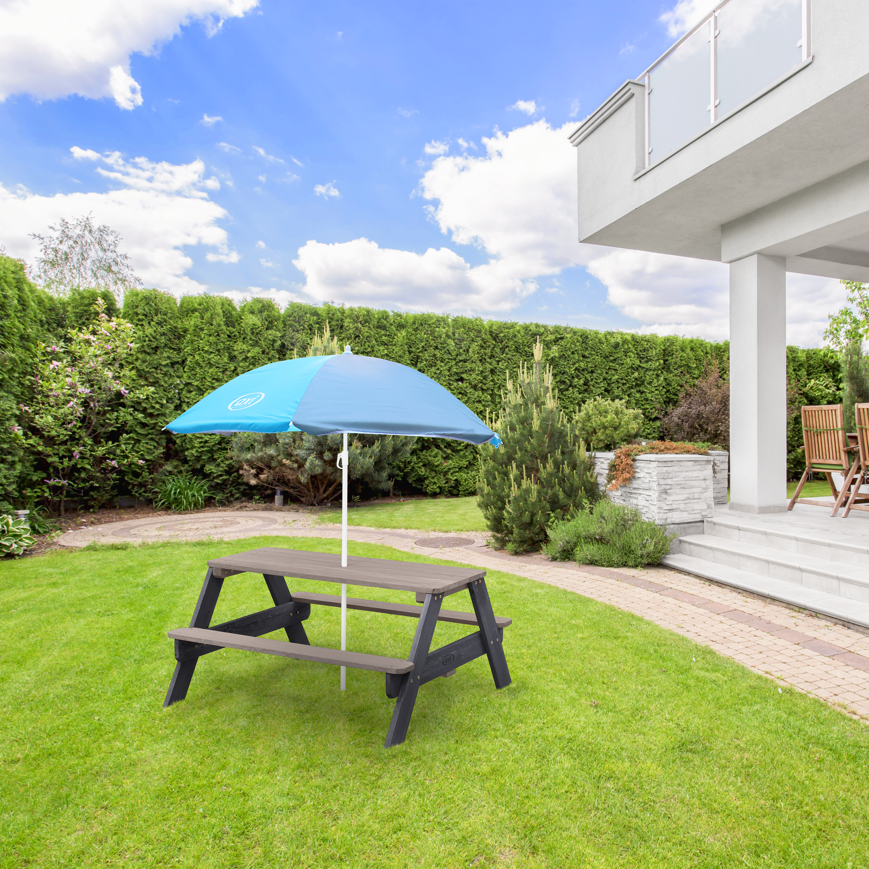 Nick Picknicktafel Antraciet/grijs - Parasol Blauw/grijs