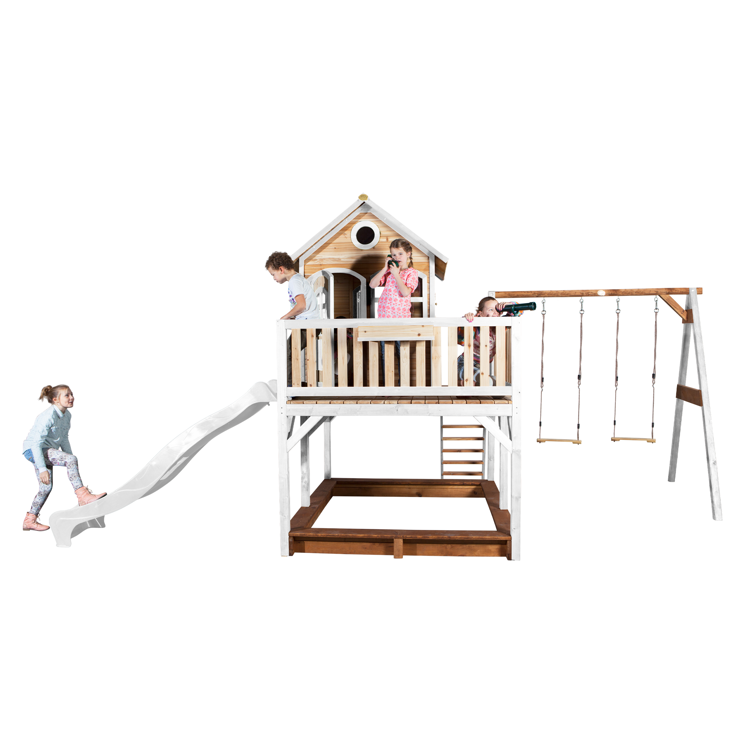 Liam Playhouse with Double Swing Brown/White - White Slide