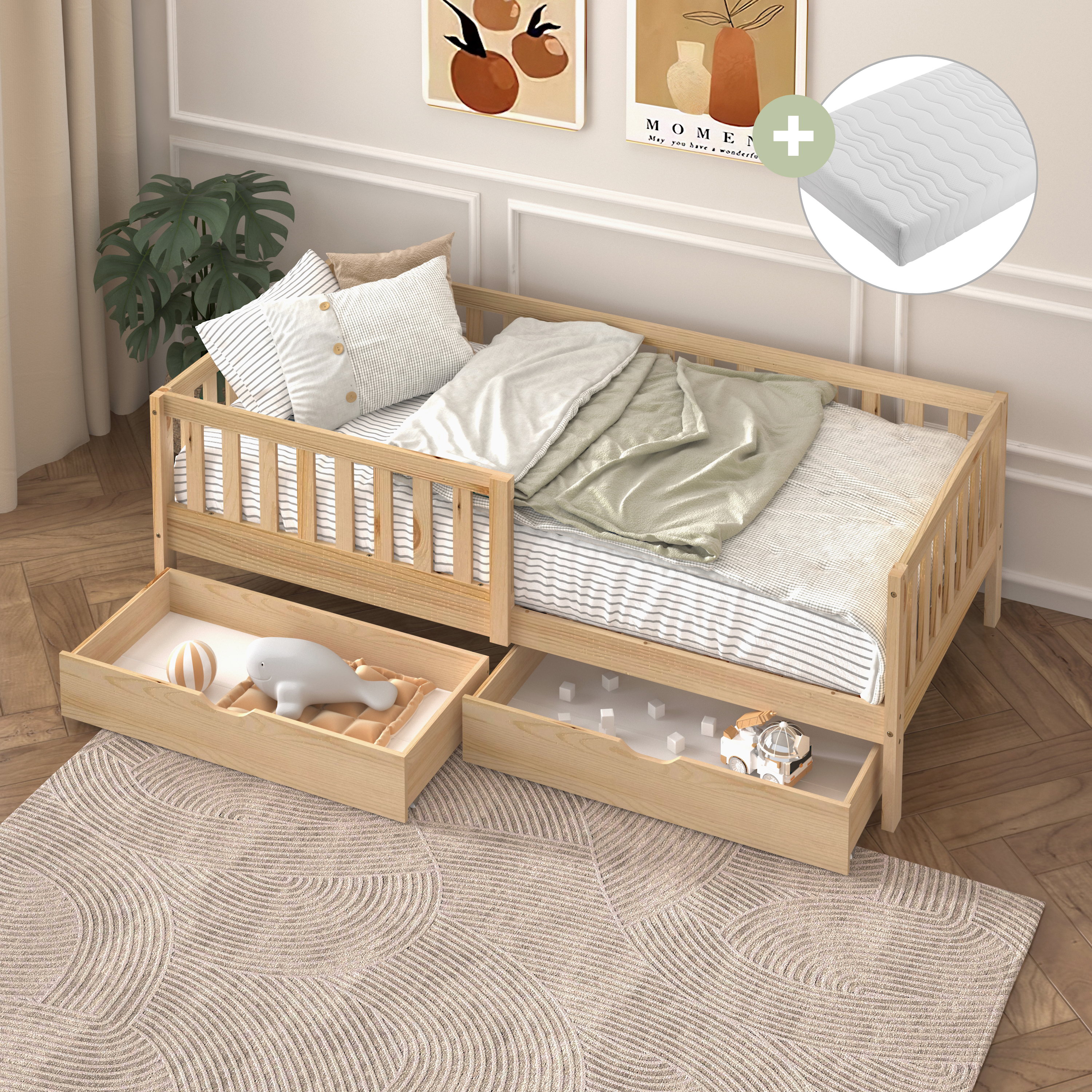 Isa Kids Bed with Storage Drawers Natural – With Mattress