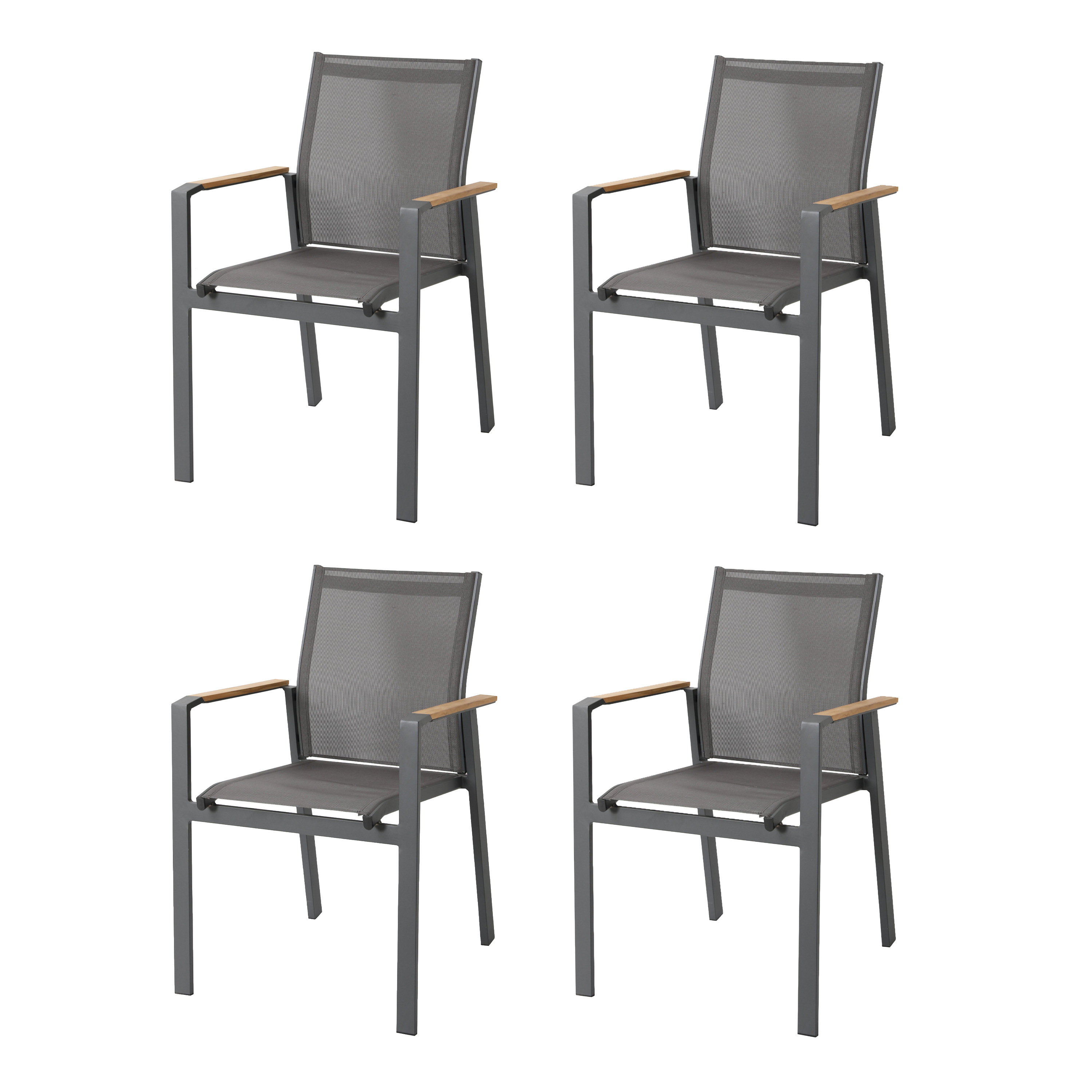 Alva Aluminium Tuinstoelen Antraciet/teak – Set 4 stuks