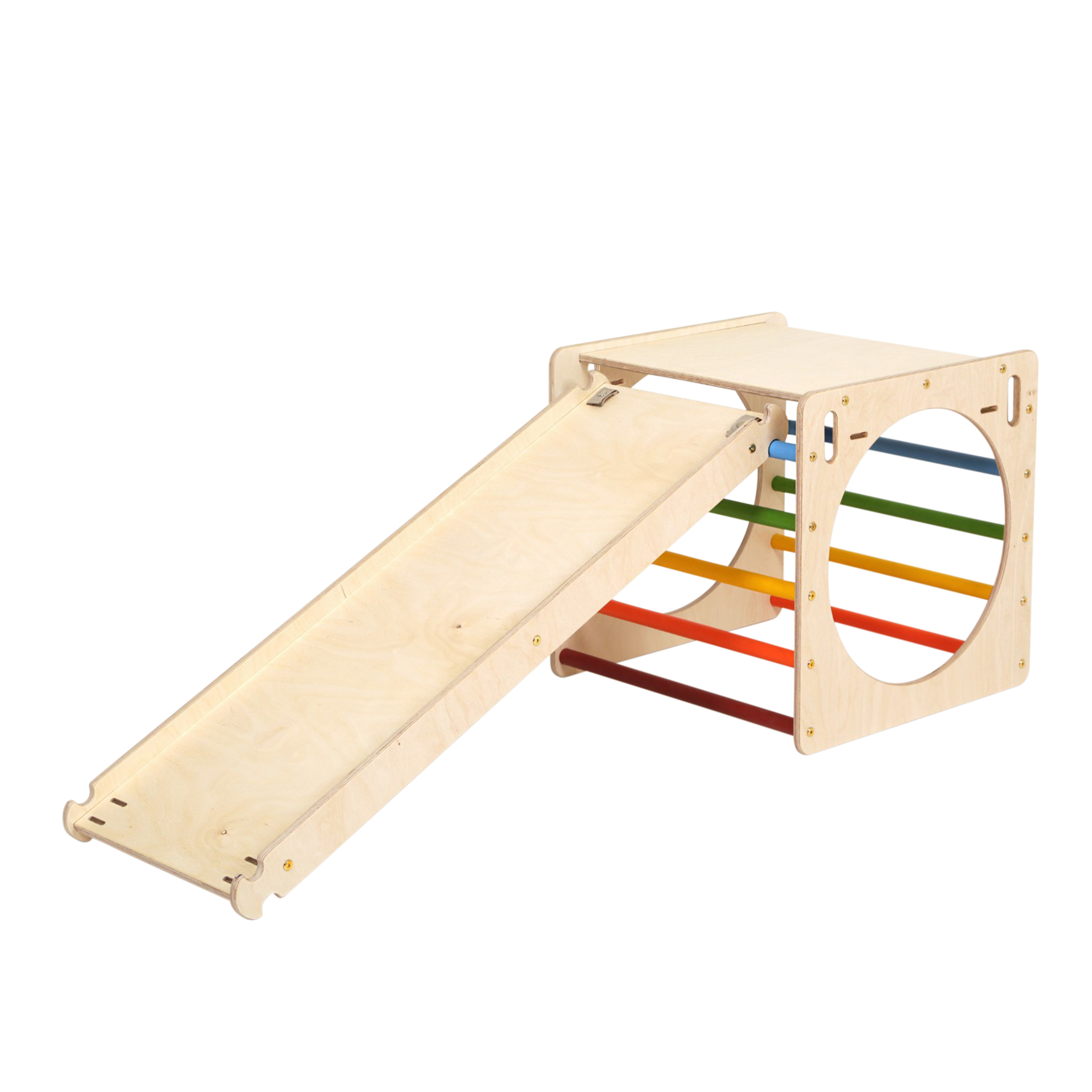 Houten Activiteiten Kubus met Ladder en Klimwand Regenboog Houten Activiteiten Kubus met Ladder en Klimwand Regenboog