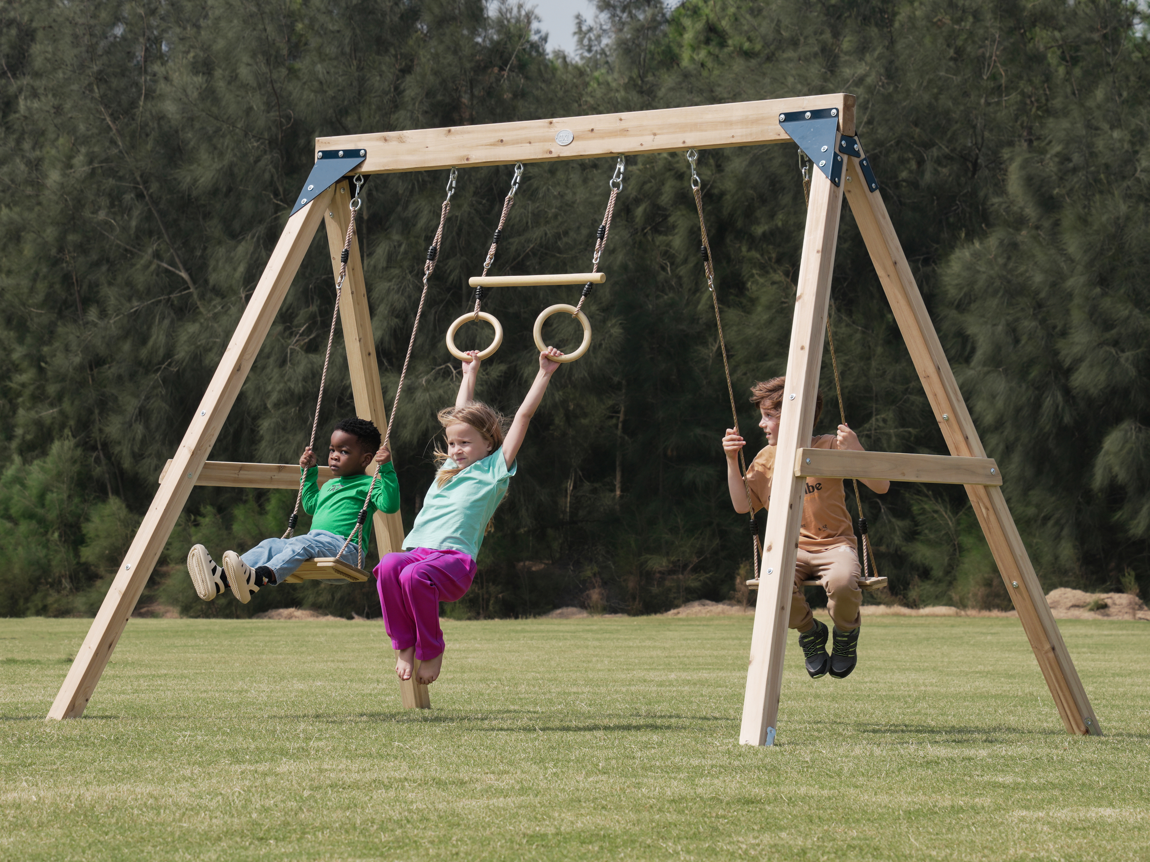 Maya Double wooden Swing with Trapeze Brown