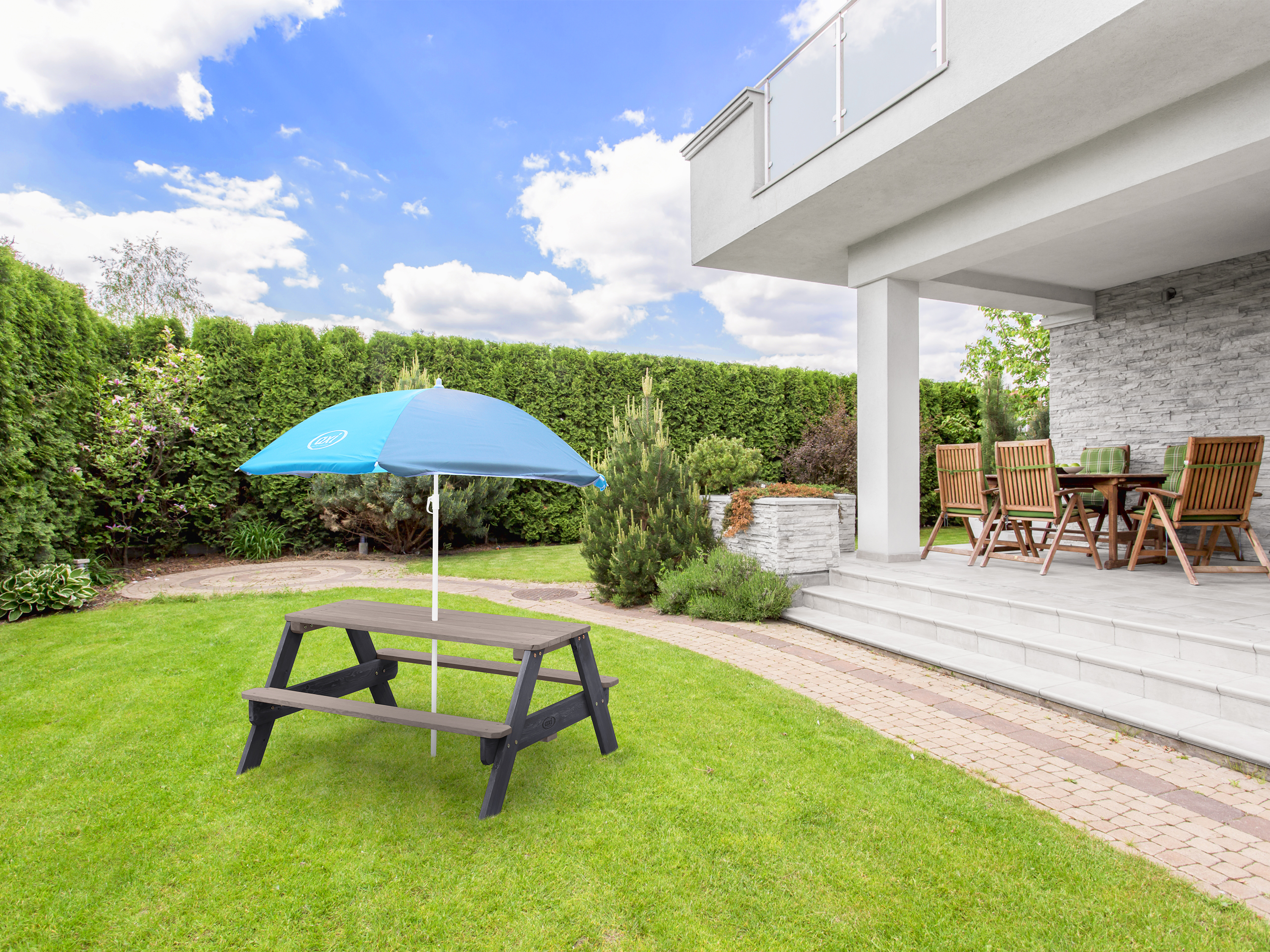 Nick Picknicktafel Antraciet/grijs - Parasol Blauw/grijs