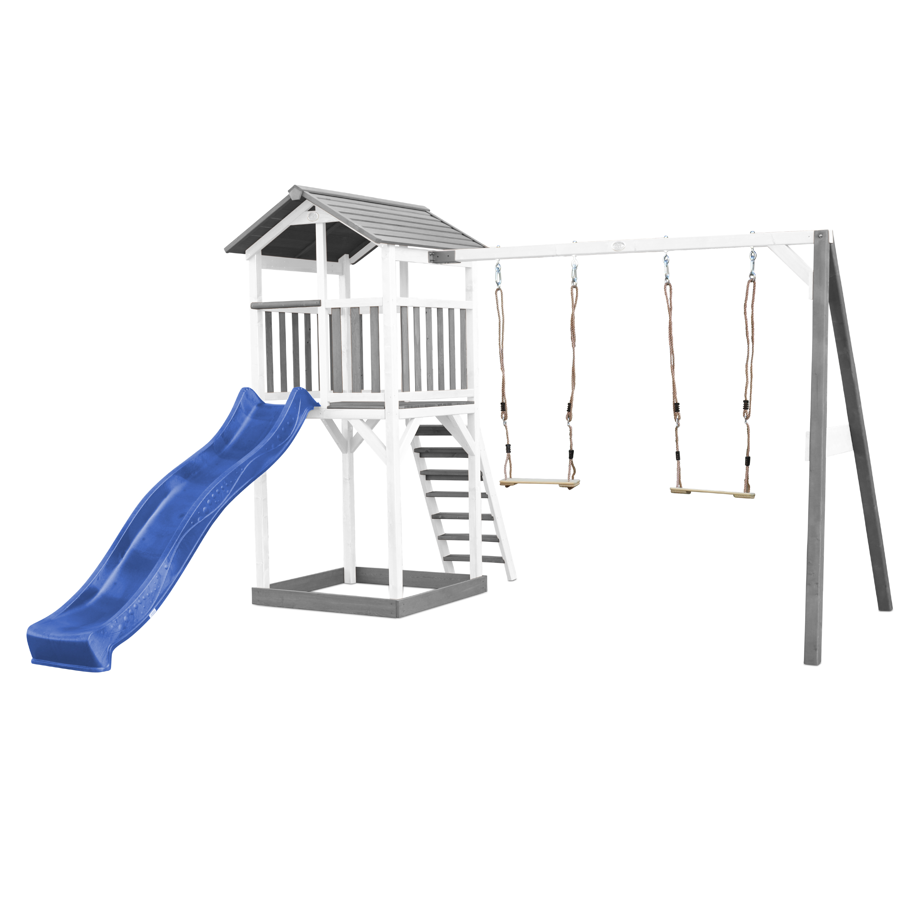 Beach Tower Speeltoren met Dubbele Schommel Grijs/wit - Blau