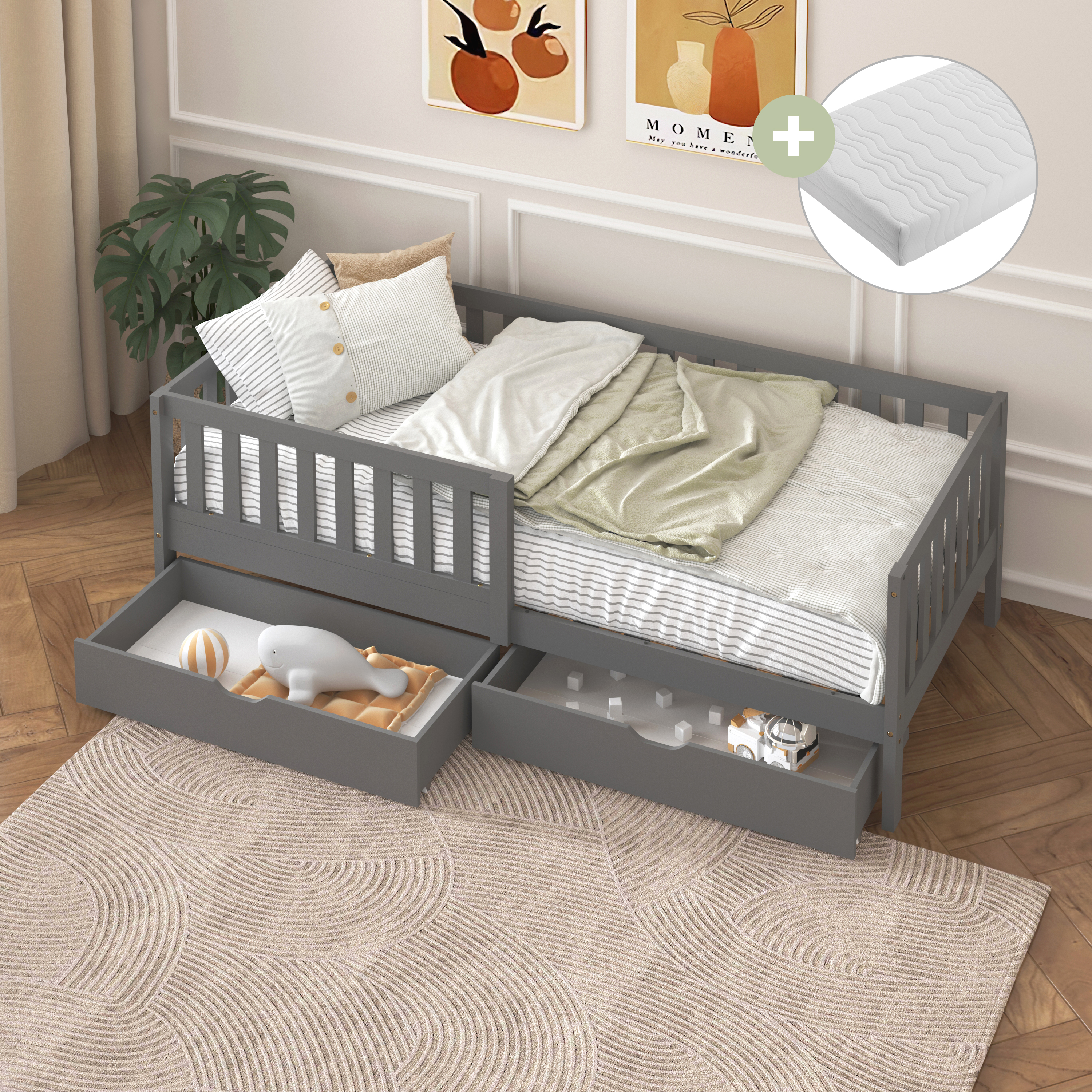 Isa Kids Bed with Storage Drawers Grey – With Mattress