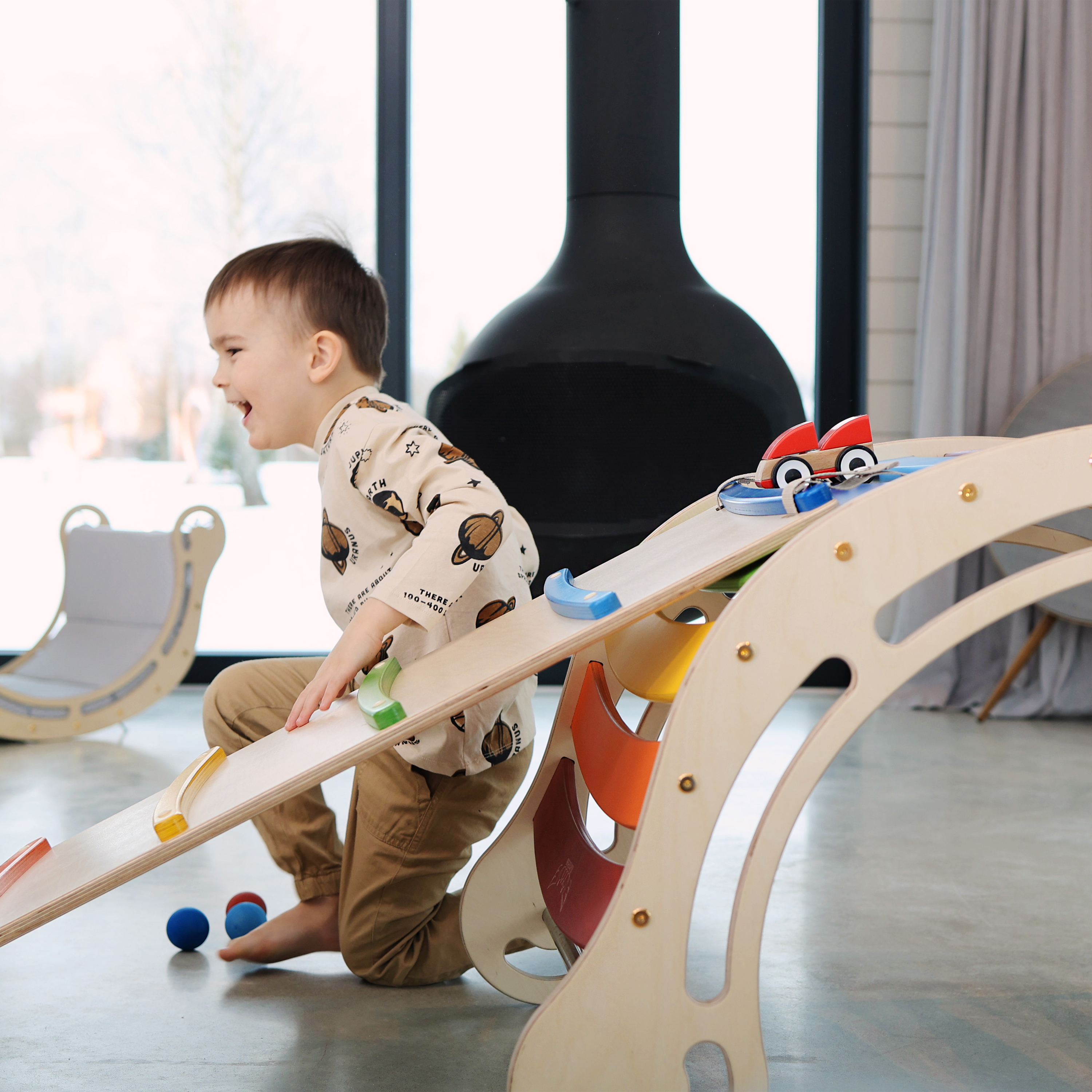 Houten XXL Rocker met Klimwand Regenboog