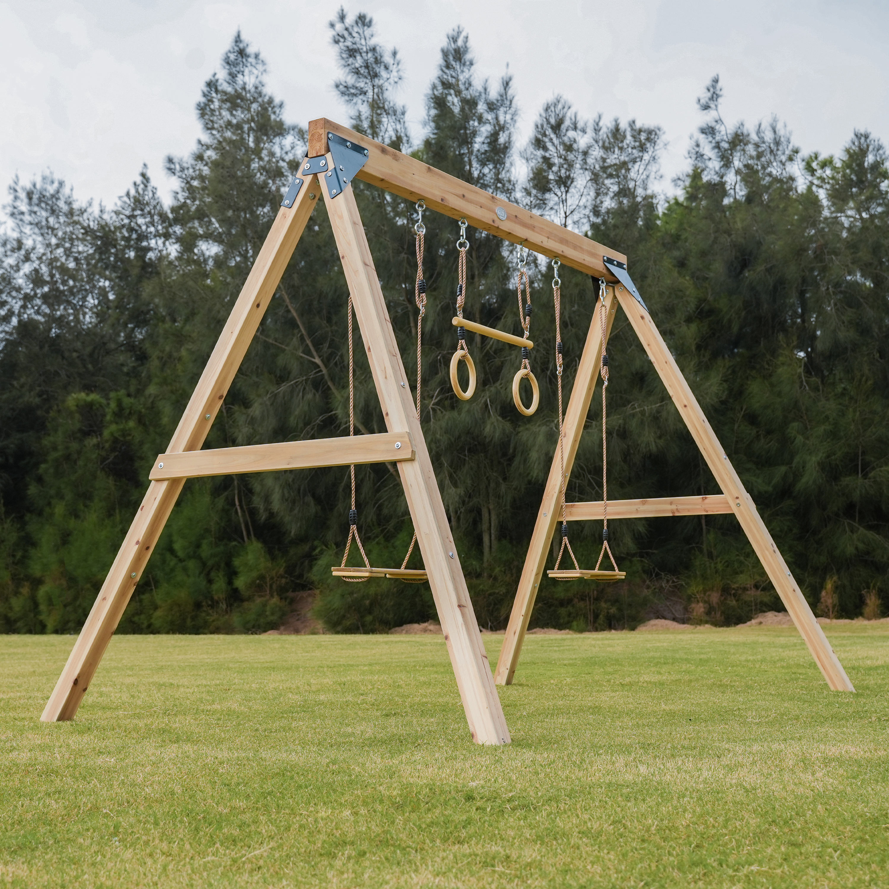 Maya Double wooden Swing with Trapeze Brown