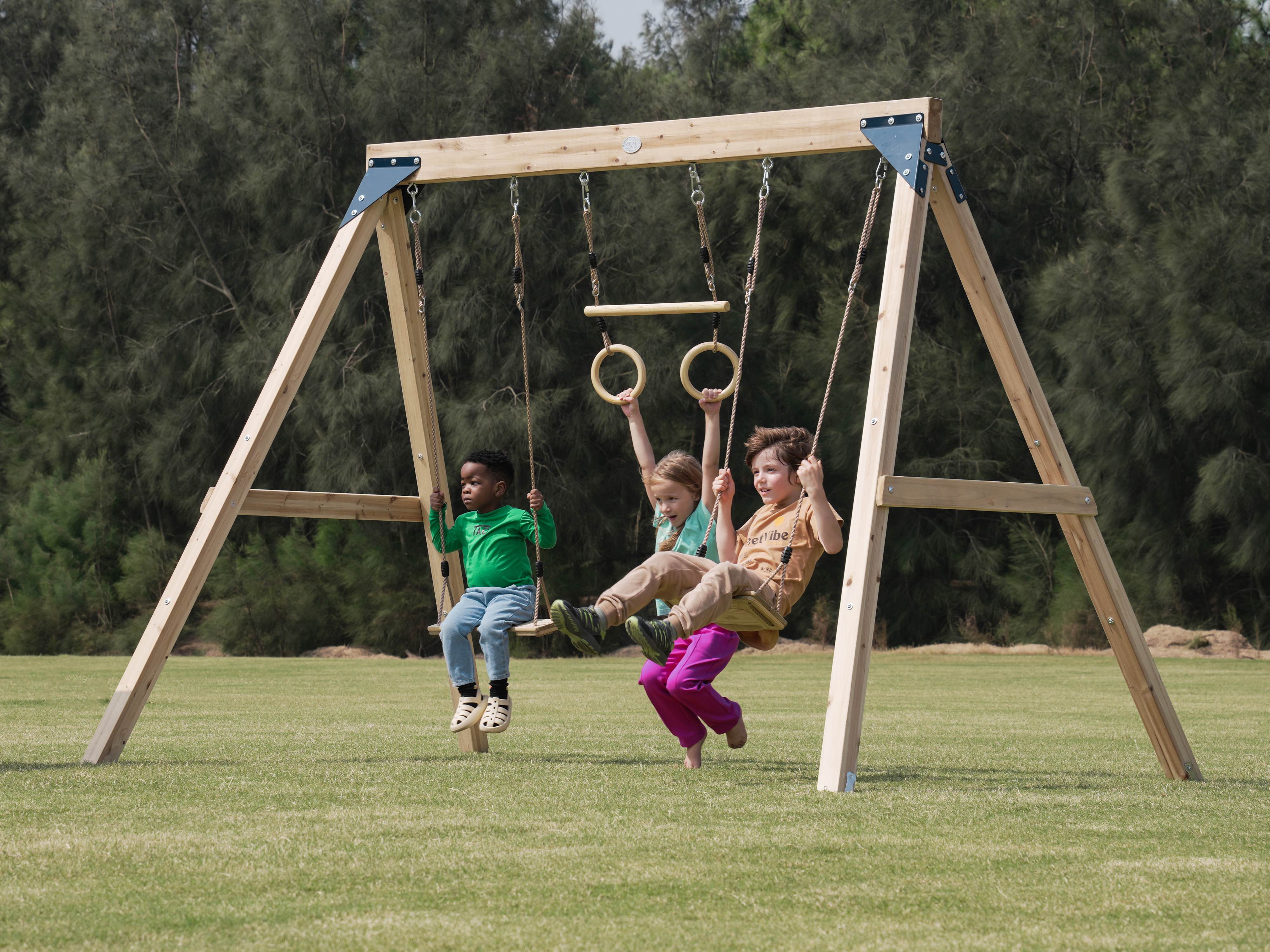 Maya Double wooden Swing with Trapeze Brown