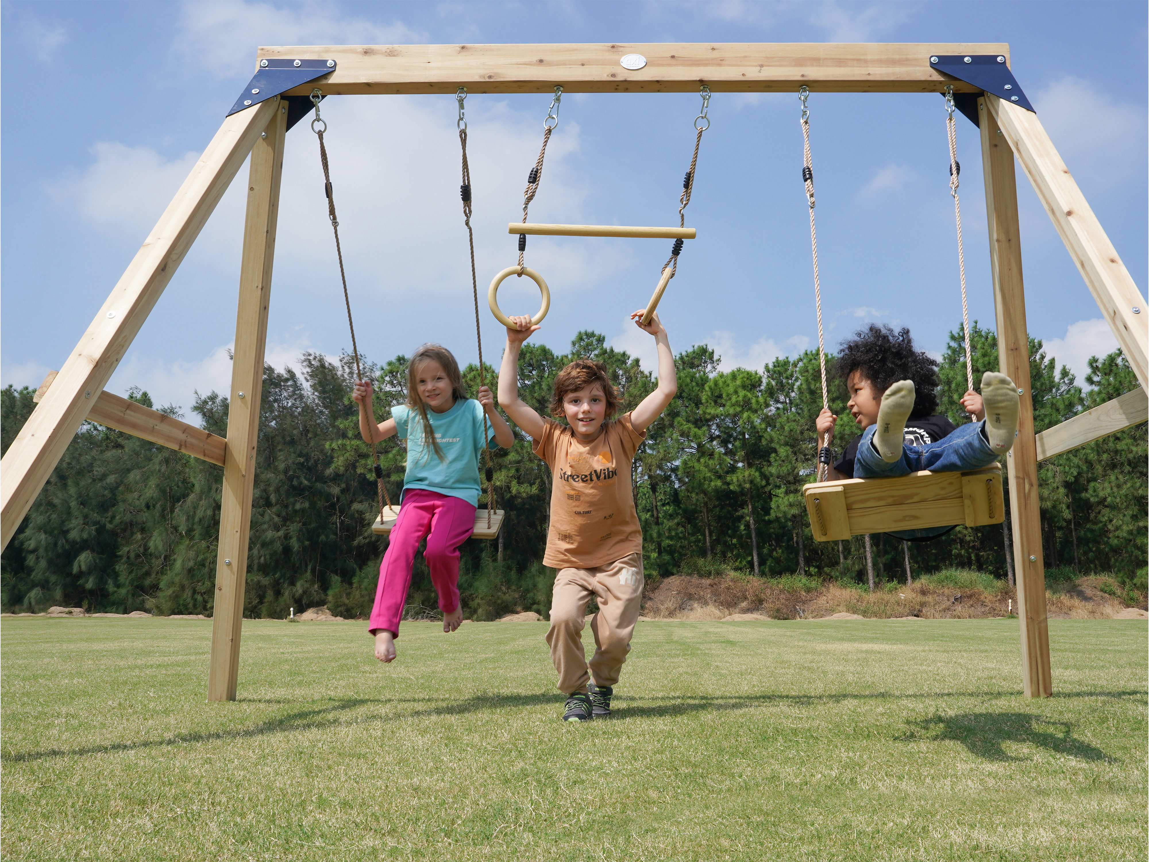 Maya Double wooden Swing with Trapeze Brown