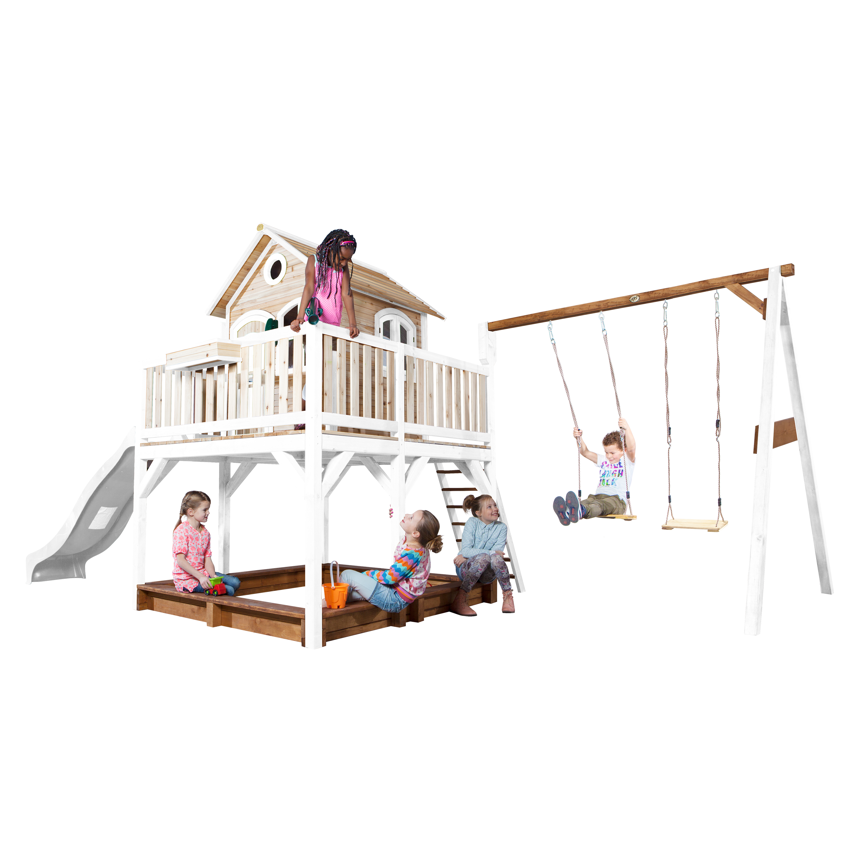 Liam Playhouse with Double Swing Brown/White - White Slide
