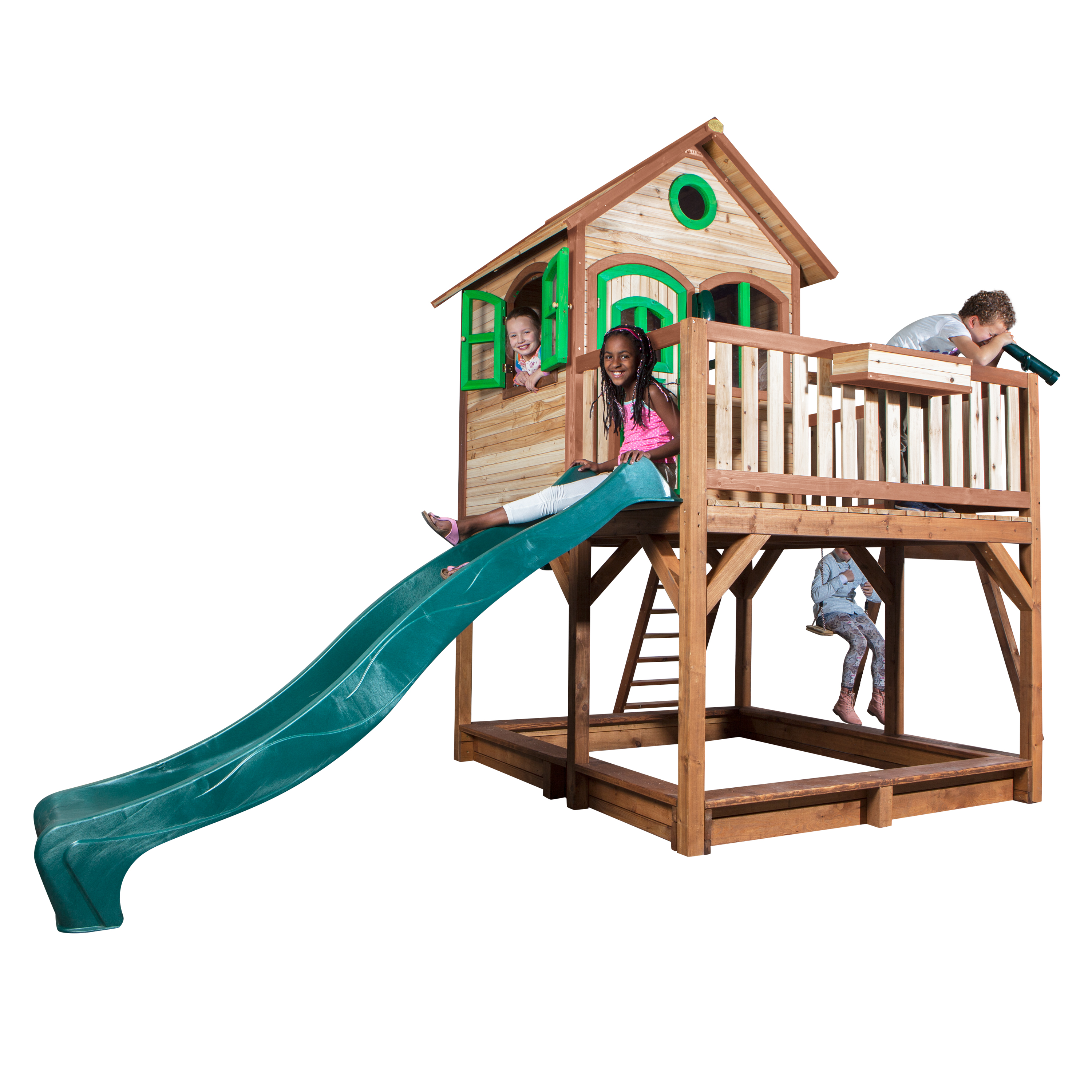 Liam Playhouse with Single Swing Brown/Green - Green Slide