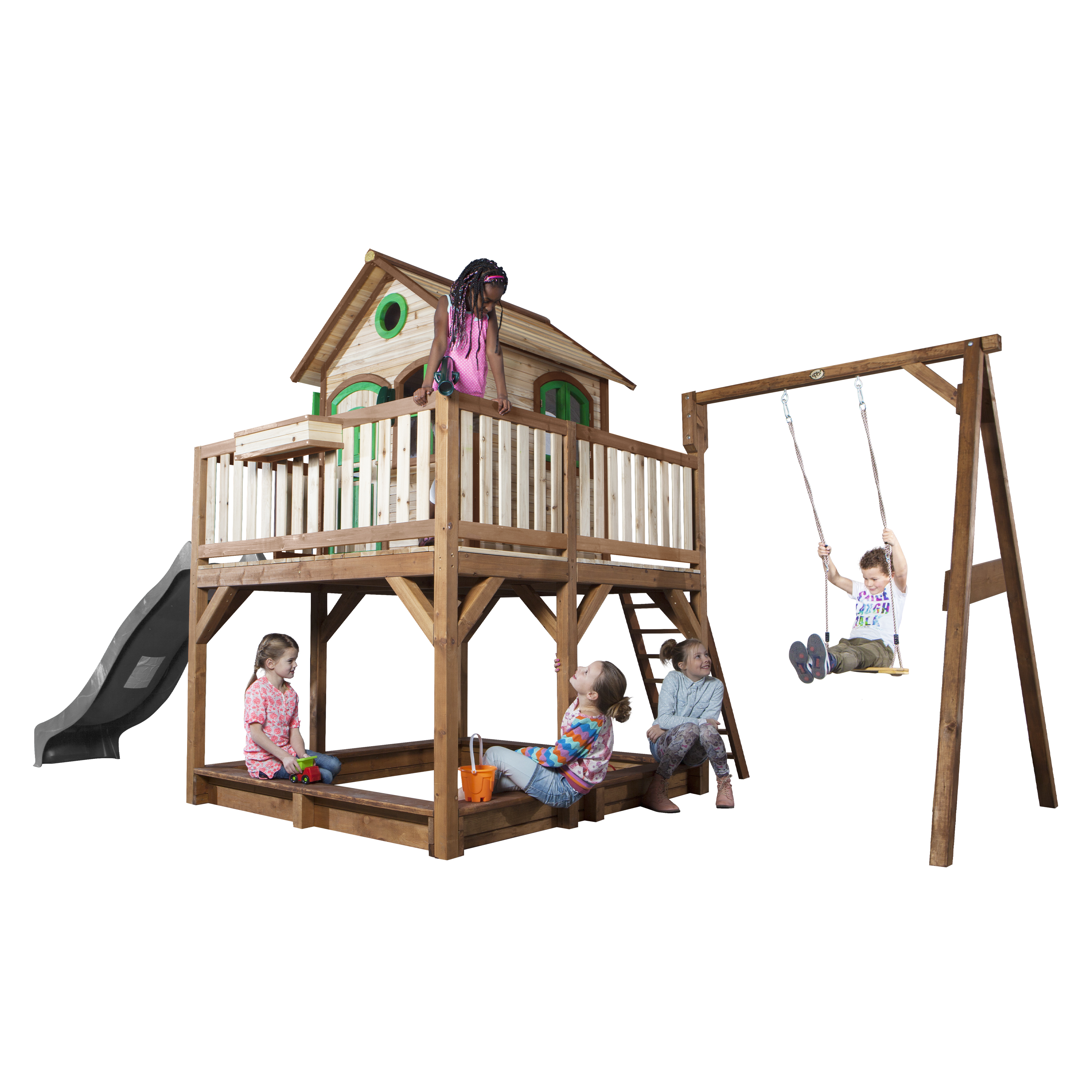 Liam Playhouse with Single Swing Brown/Green - Grey Slide