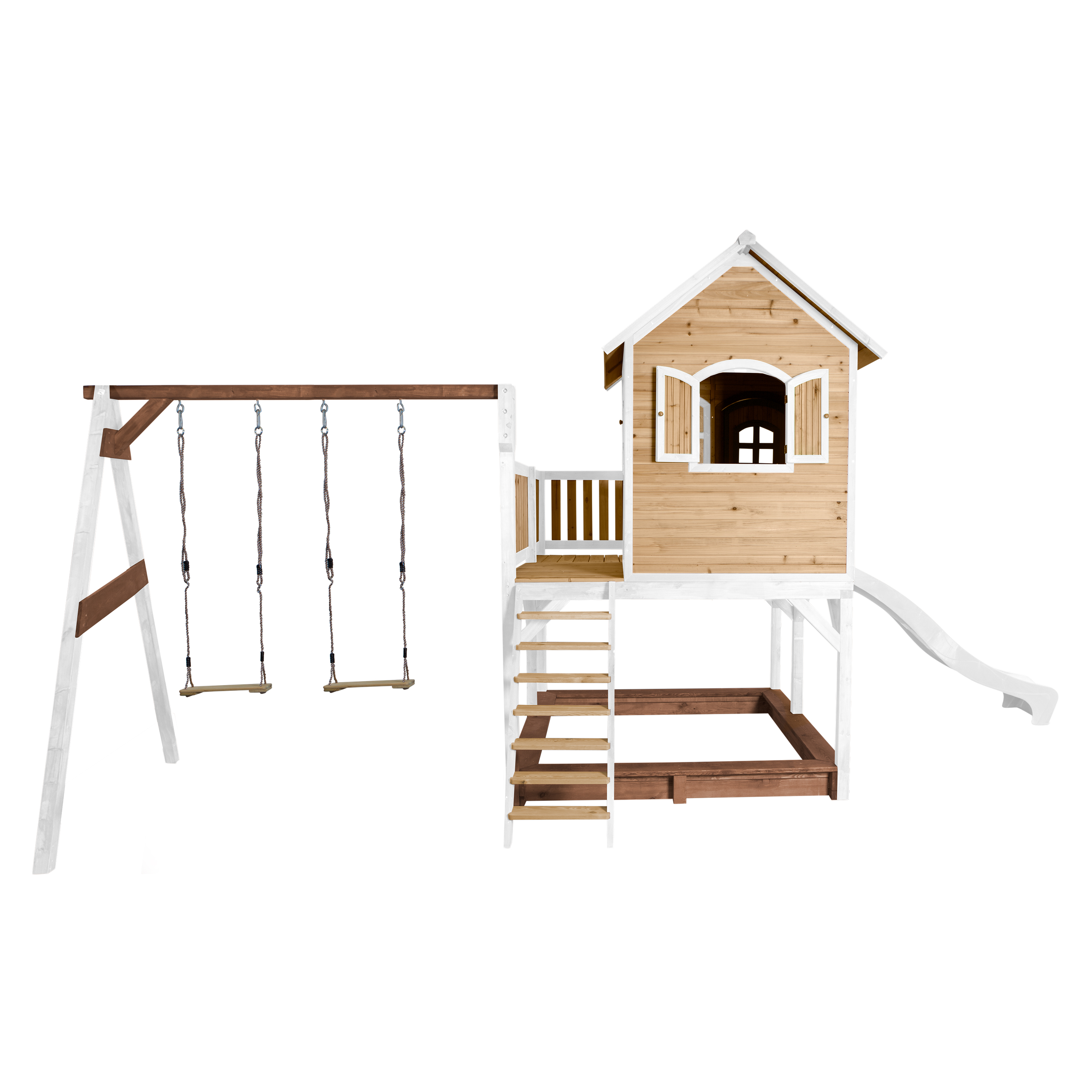Liam Playhouse with Double Swing Brown/White - White Slide