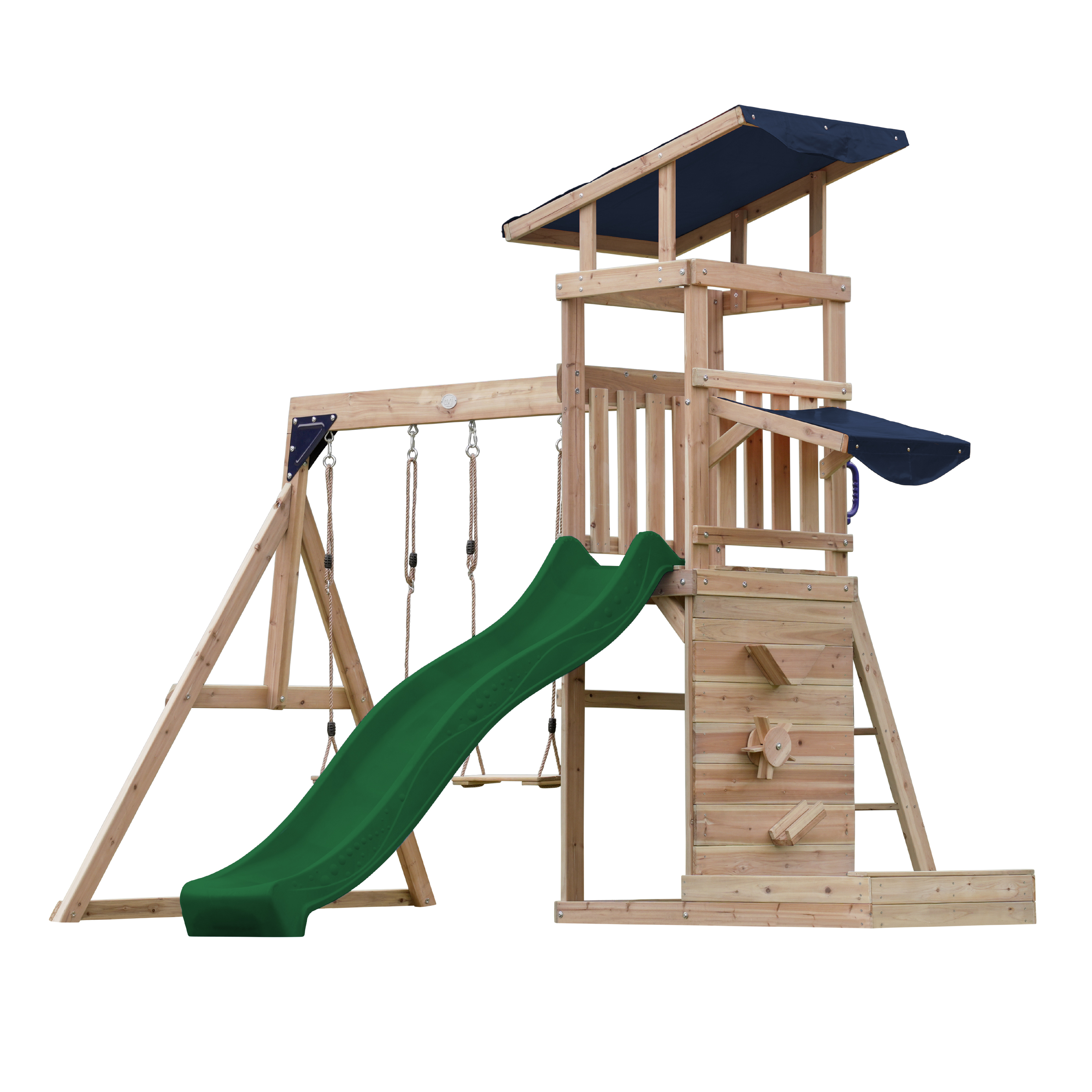 Malik play tower with double swing and play wall - green slide