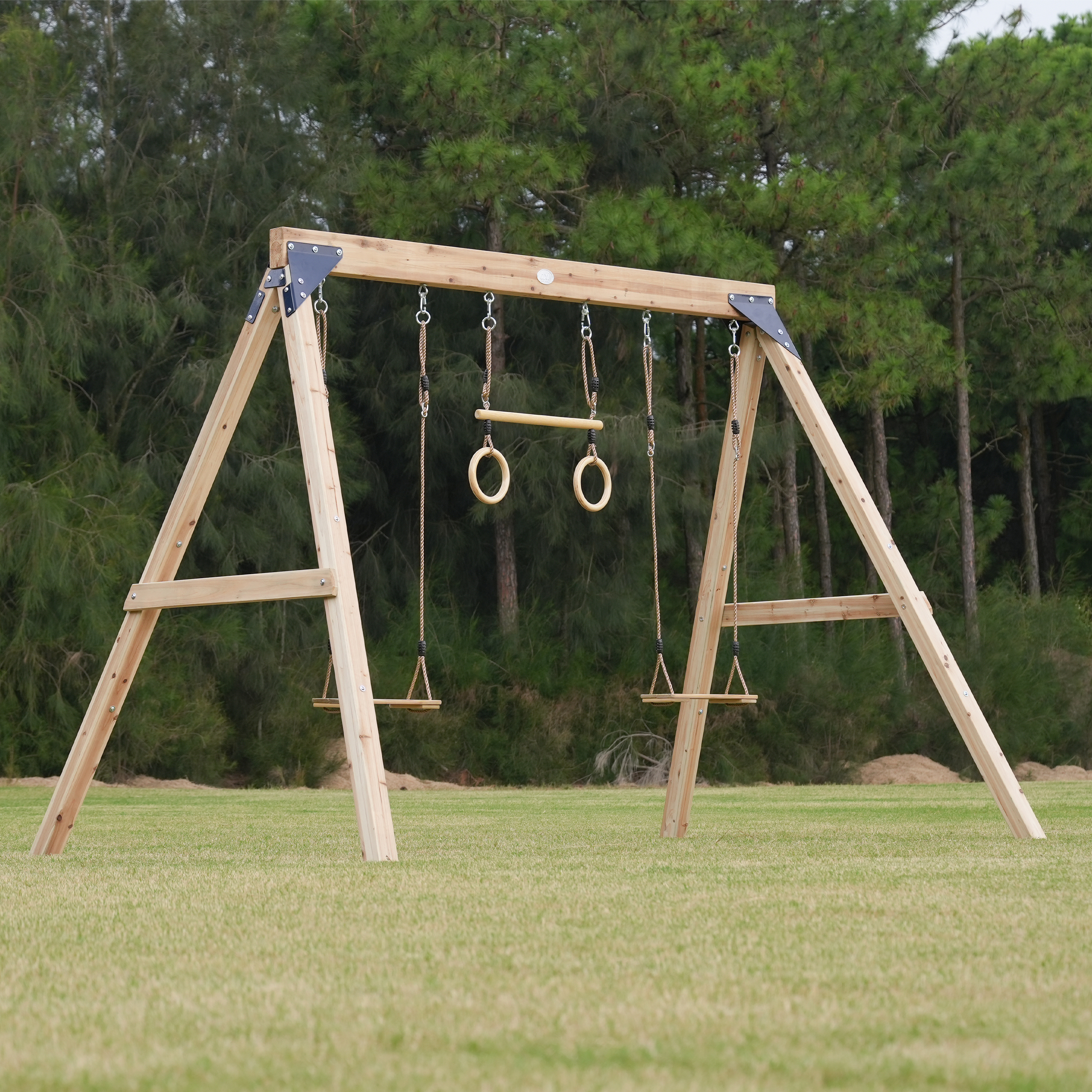 Maya Double wooden Swing with Trapeze Brown