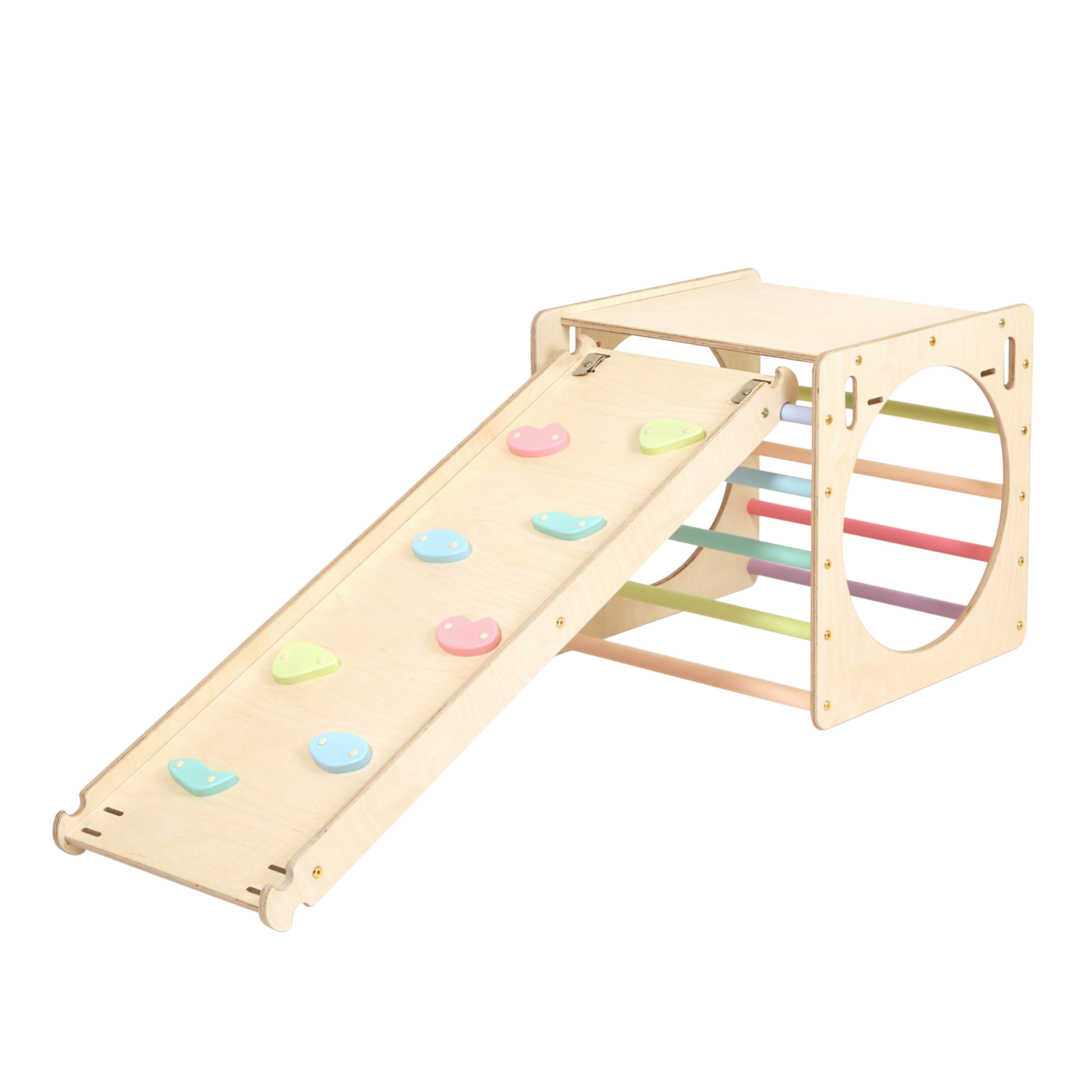 Wooden Activity Cube with Climbing Wall Pastel