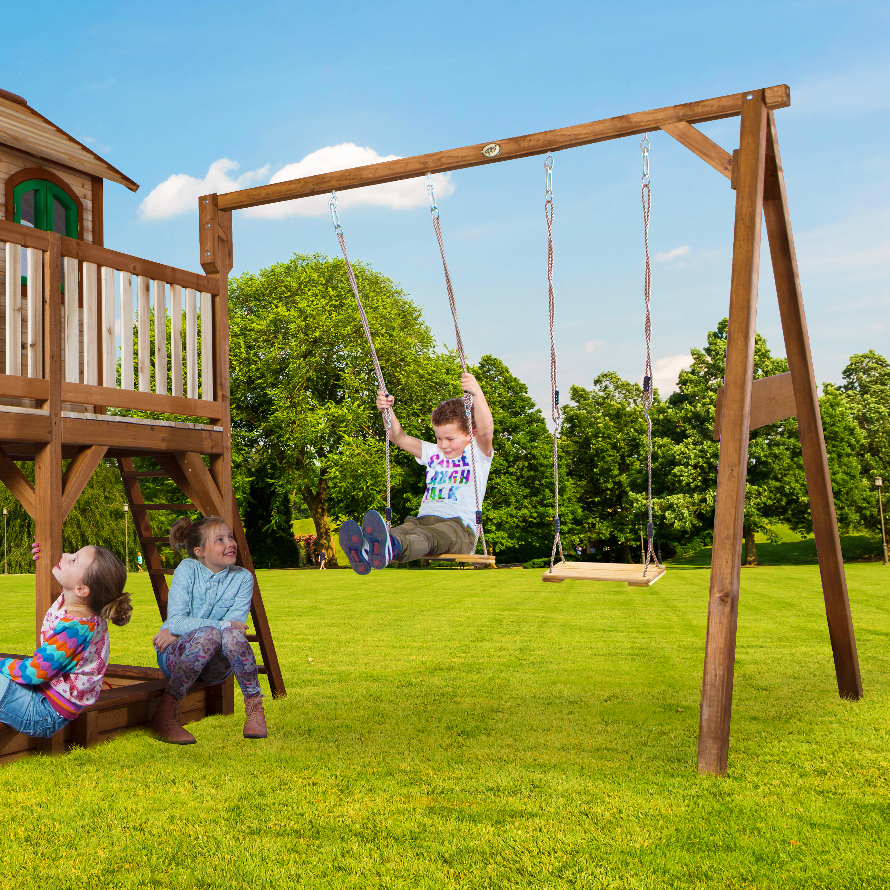 Liam Playhouse with Double Swing Brown/Green - Grey Slide