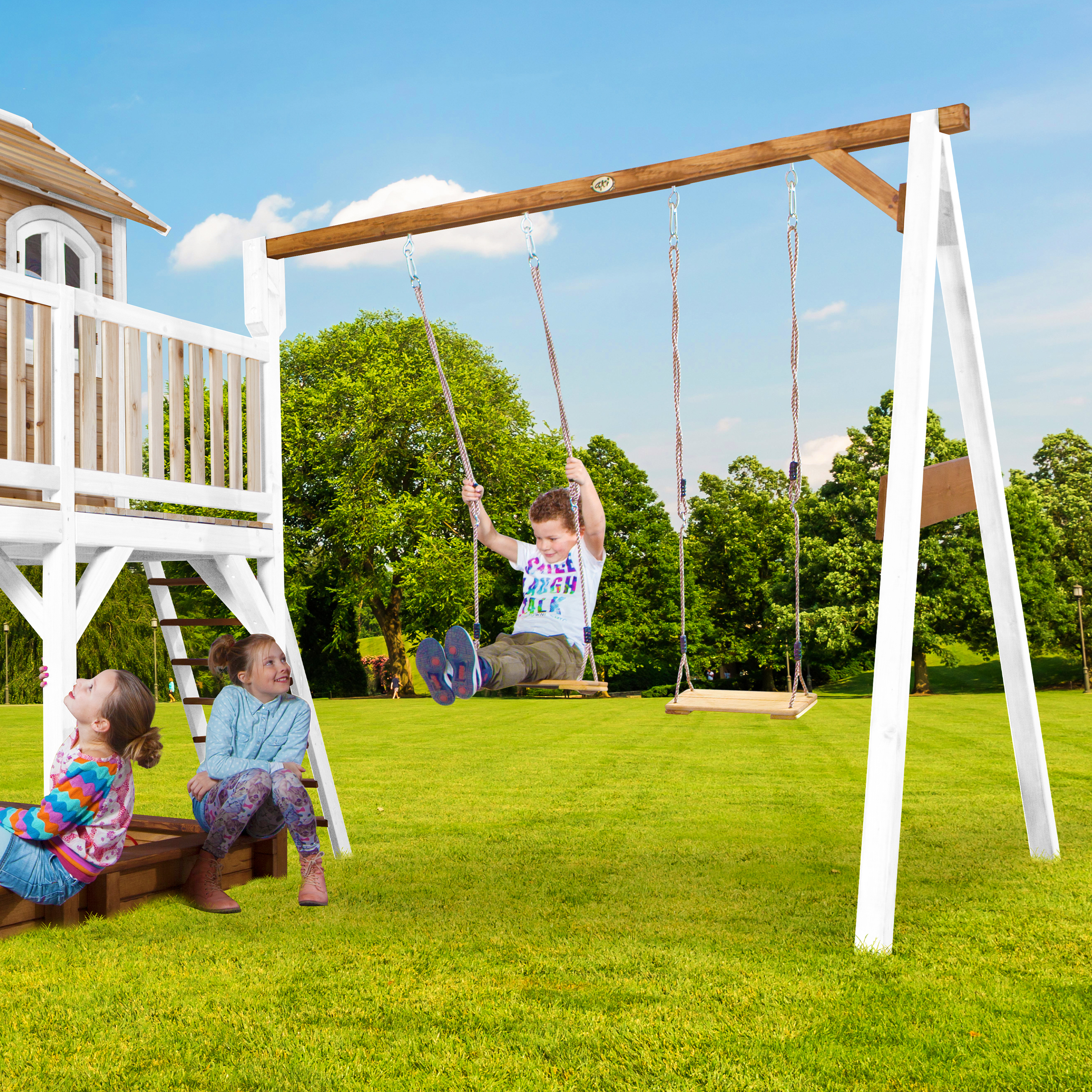 Liam Playhouse with Double Swing Brown/White - White Slide