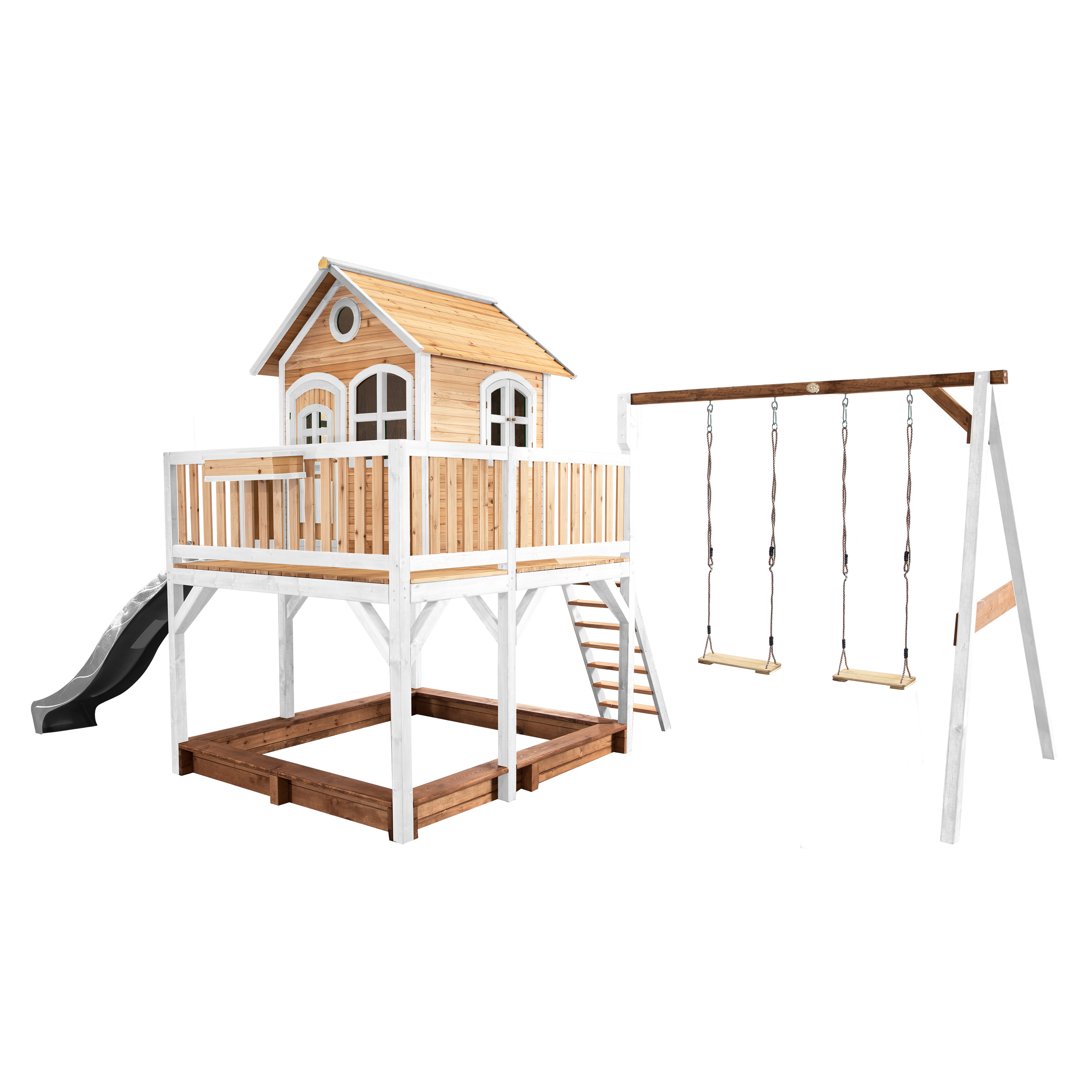 Liam Playhouse with Double Swing Brown/White - Grey Slide