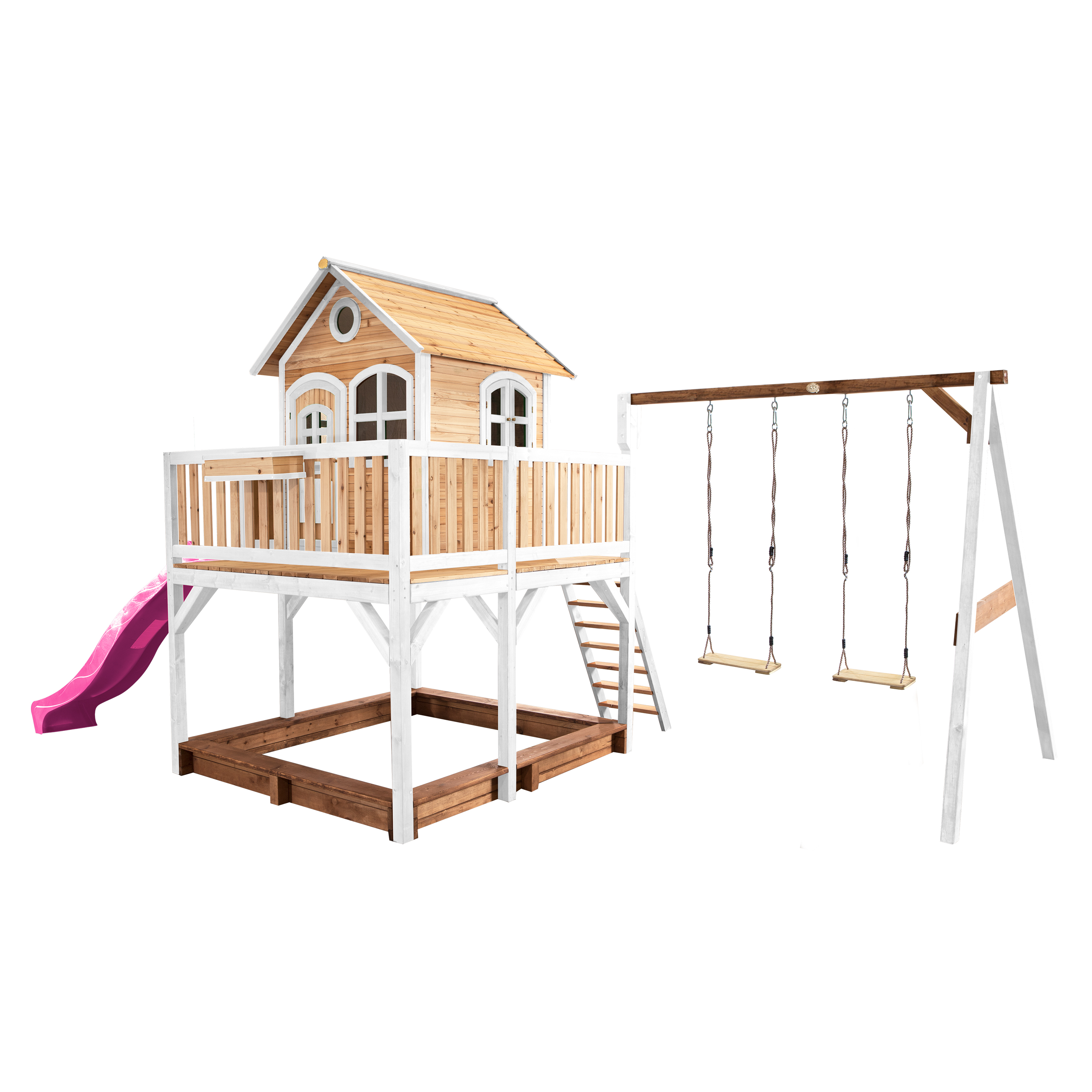 Liam Playhouse with Double Swing Brown/White - Purple Slide