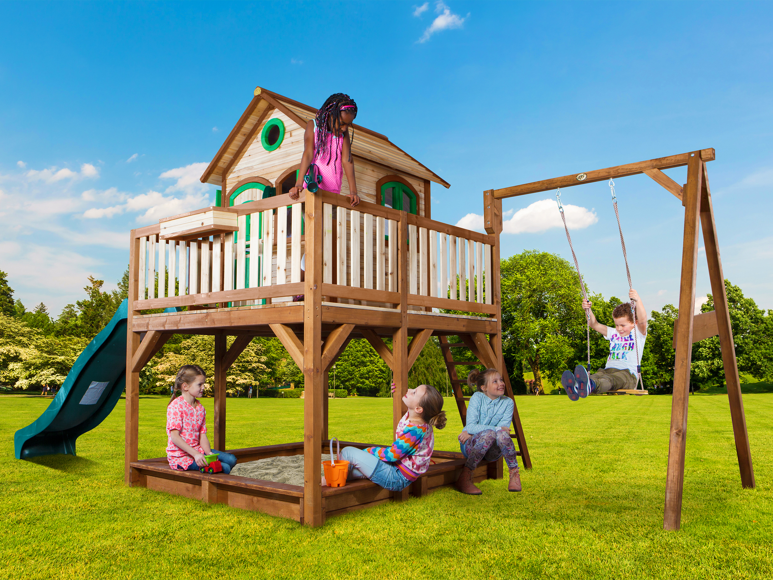 Liam Playhouse with Single Swing Brown/Green - Green Slide