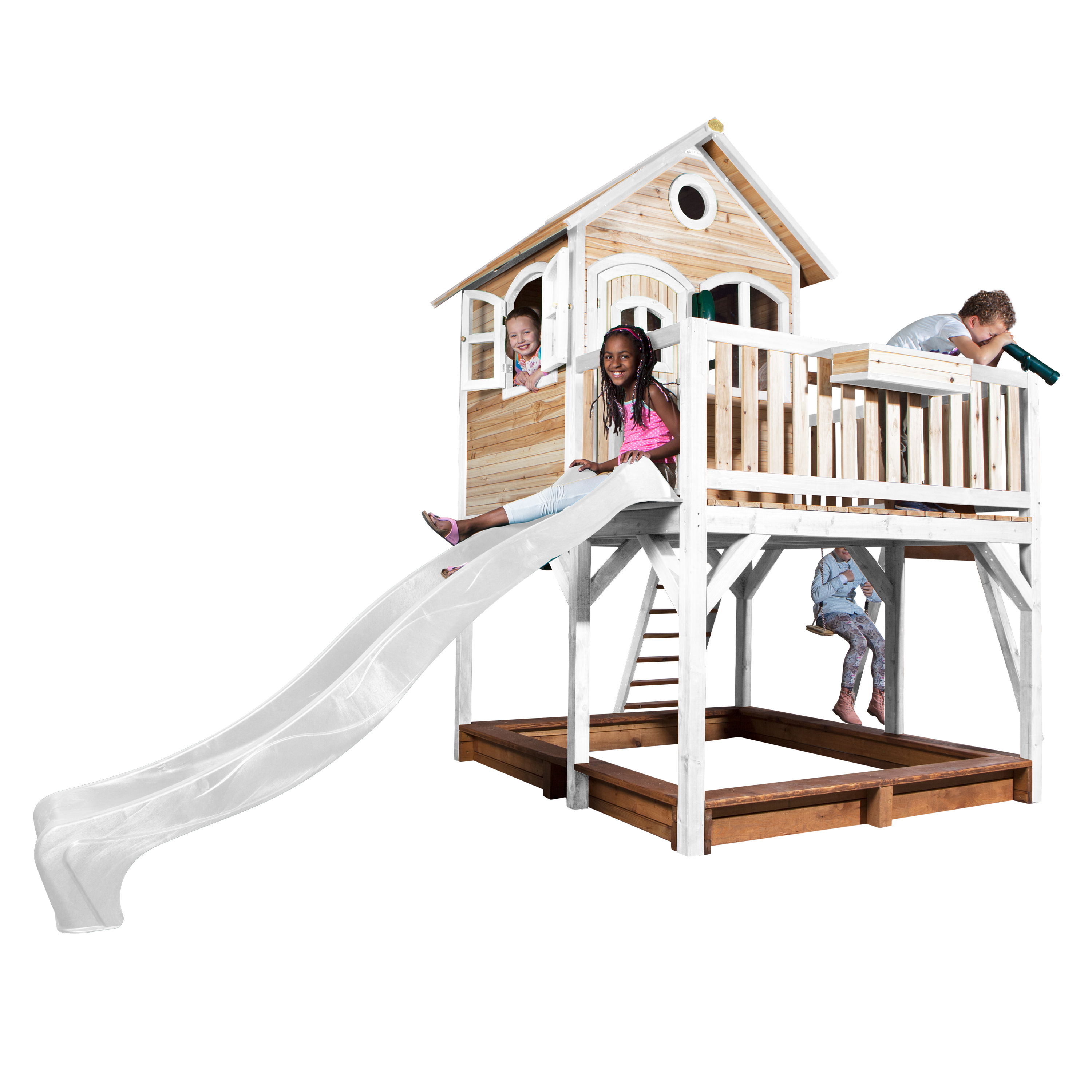 Liam Playhouse with Double Swing Brown/White - White Slide
