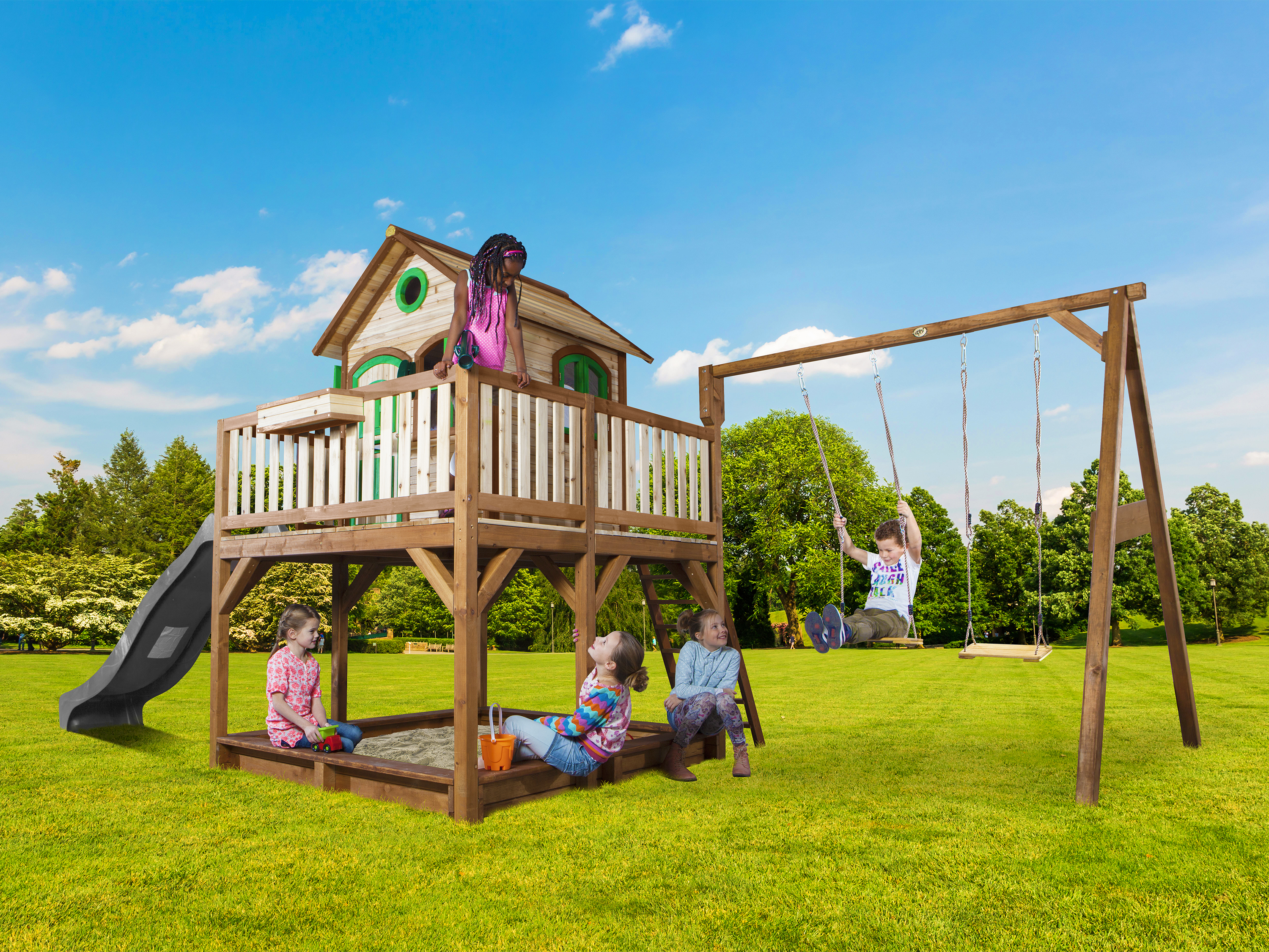 Liam Playhouse with Double Swing Brown/Green - Grey Slide