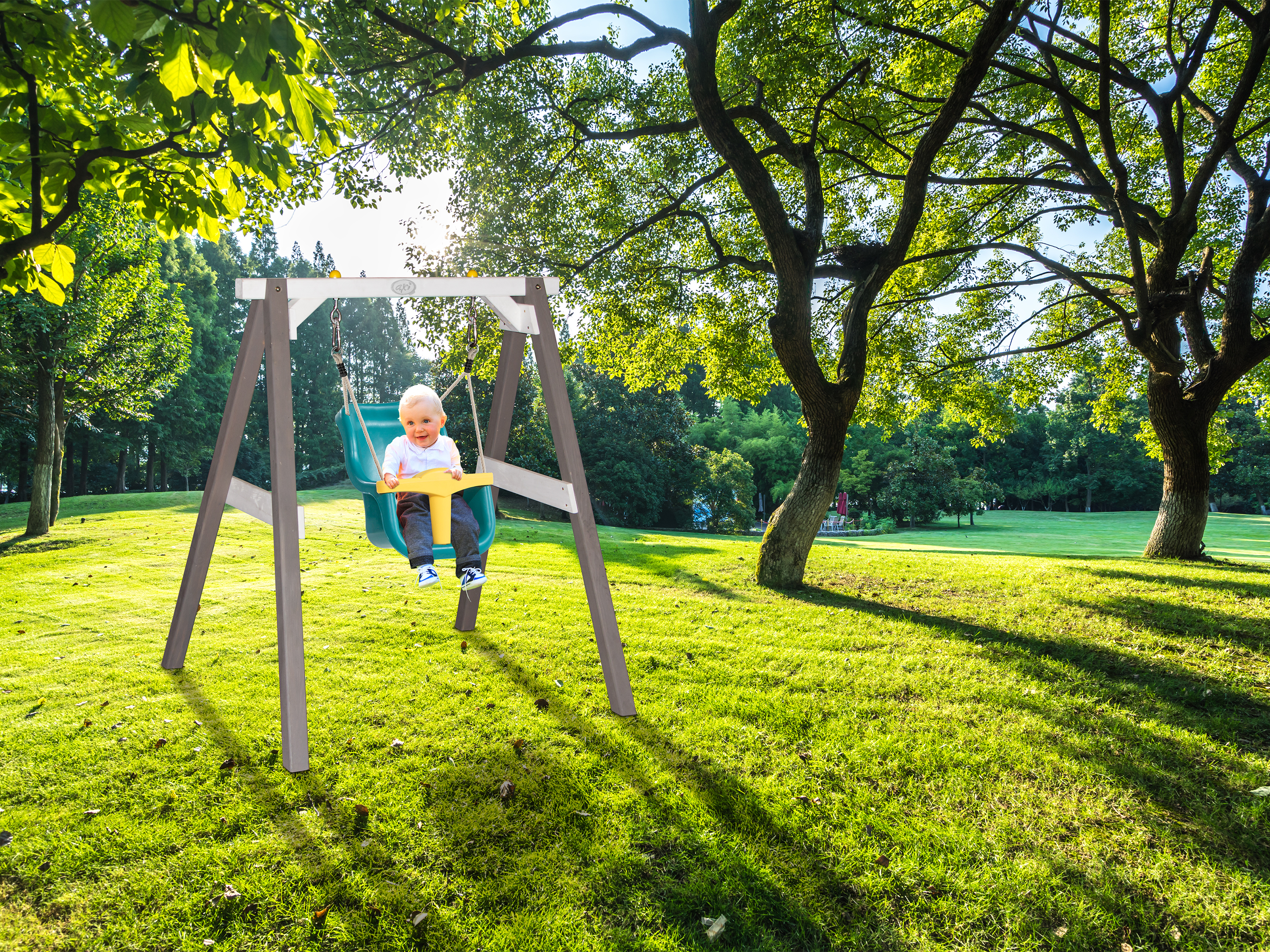 Portique en Bois Gris / Blanc – Balançoire Bébé