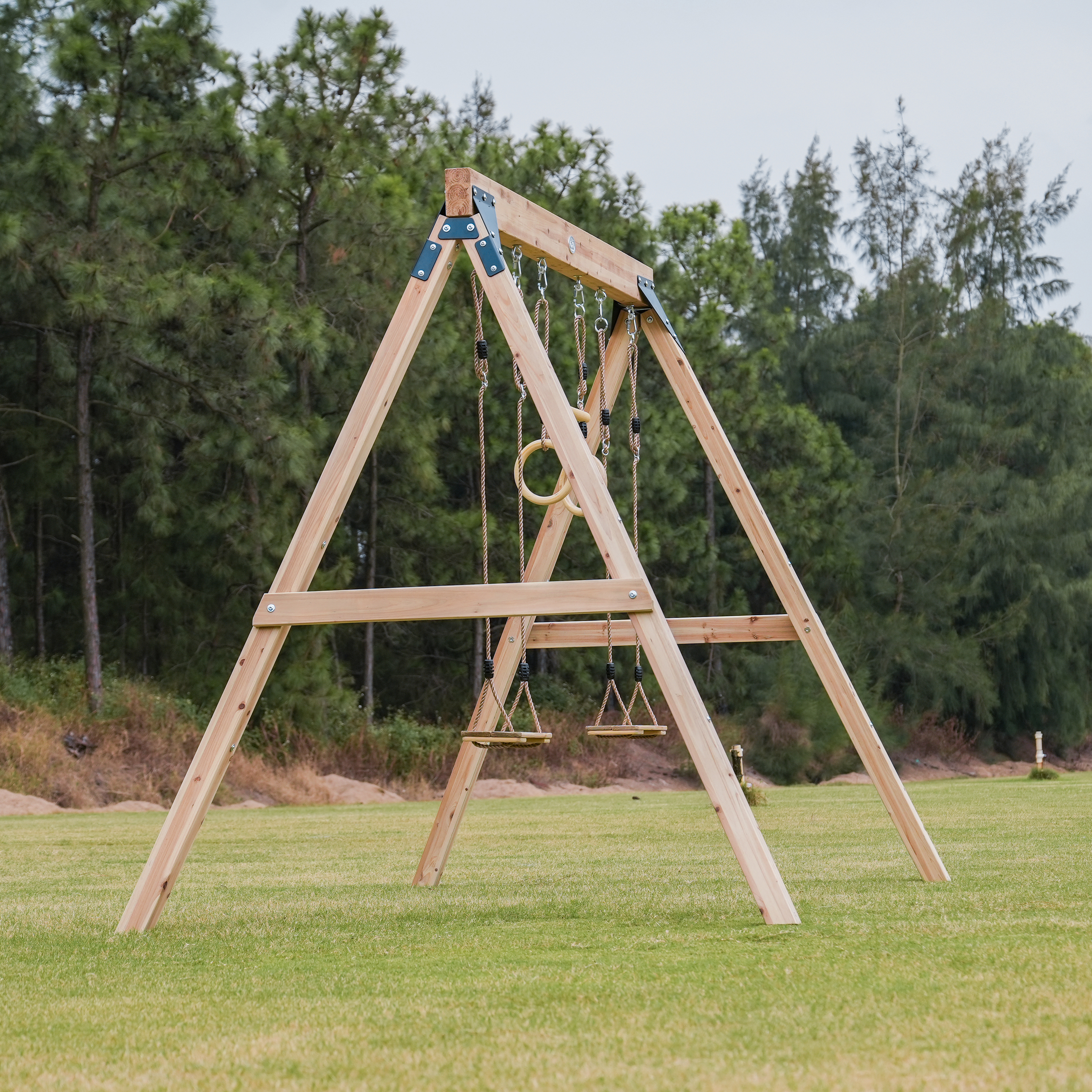Maya Double wooden Swing with Trapeze Brown