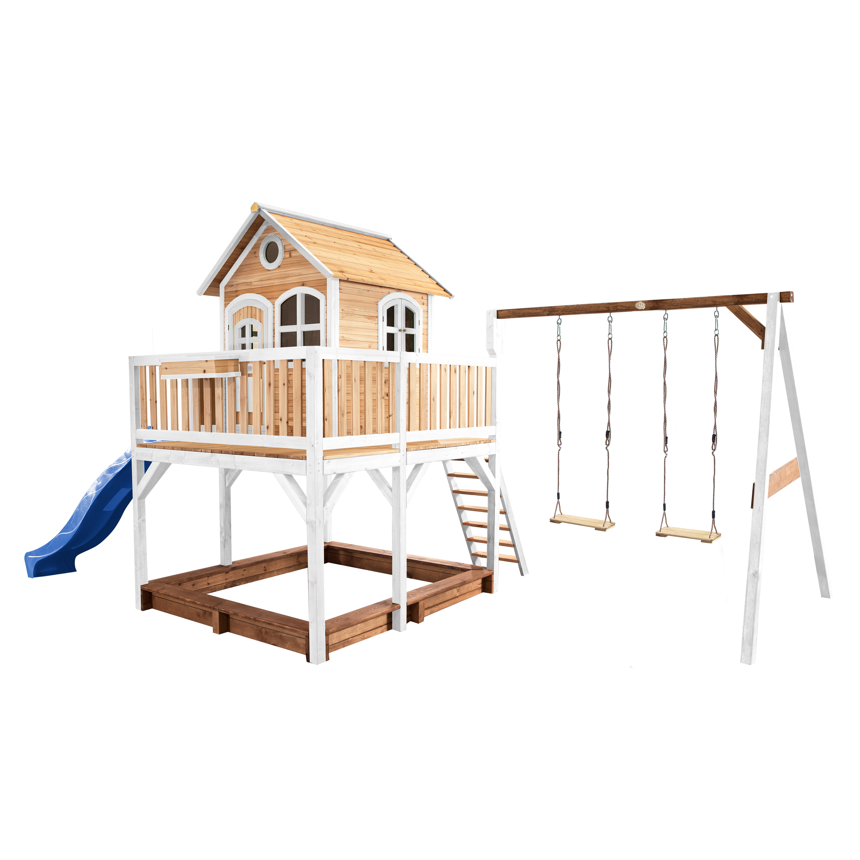Liam Playhouse with Double Swing Brown/White - Blue Slide