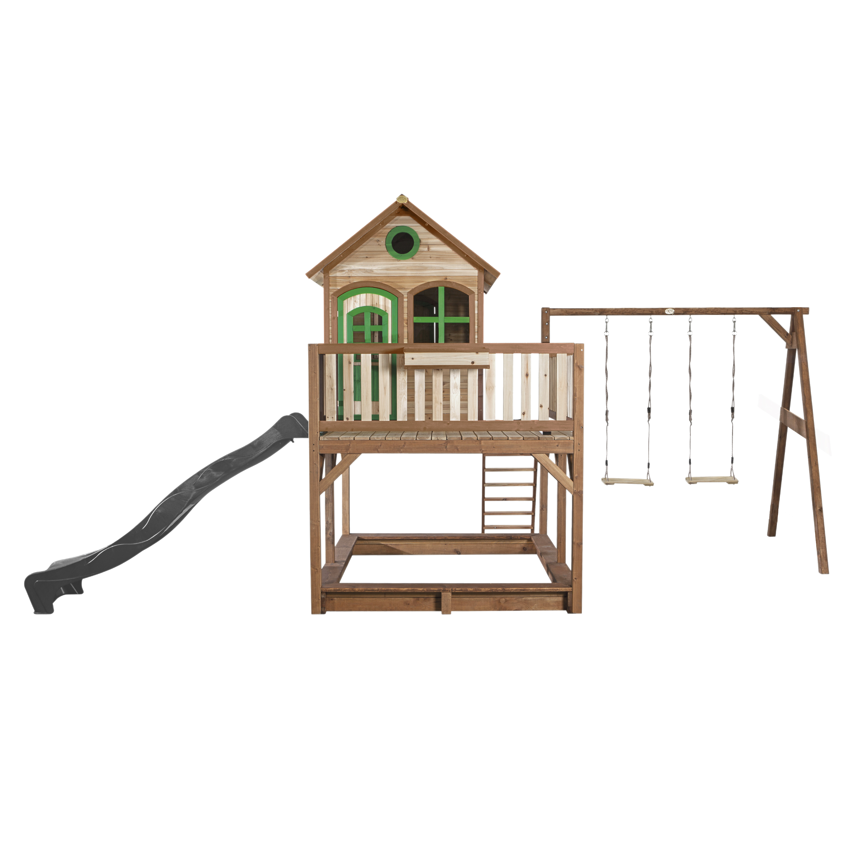 Liam Playhouse with Double Swing Brown/Green - Grey Slide