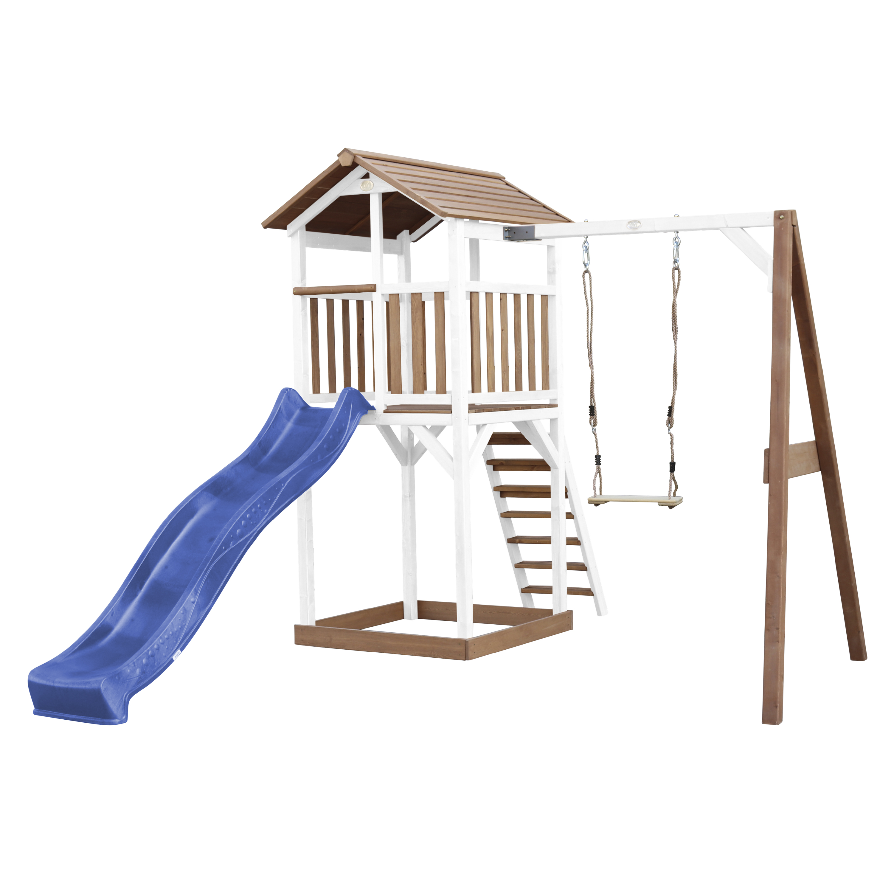 Beach Tower with Single Swing Brown/White - Blue Slide