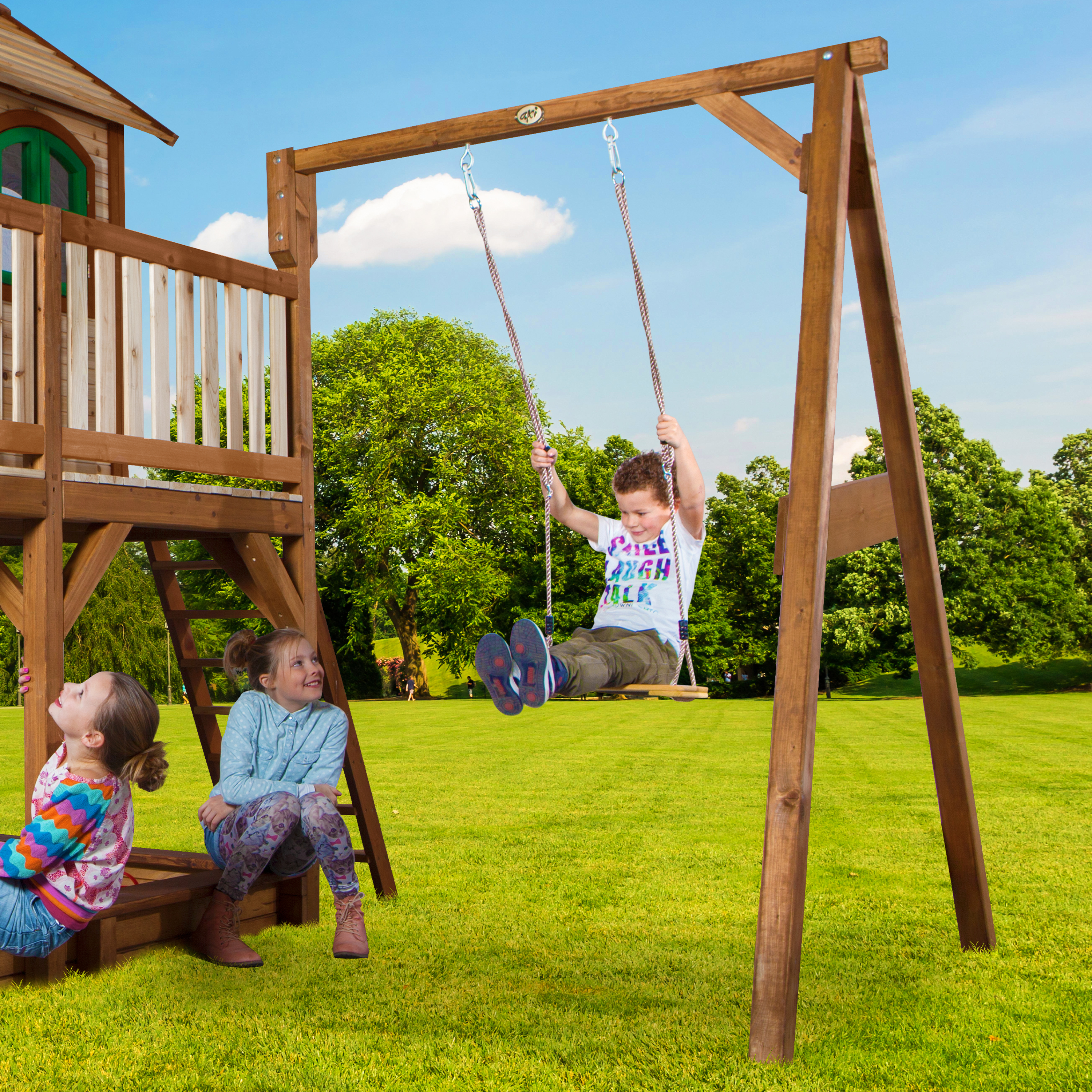 Liam Playhouse with Single Swing Brown/Green - Grey Slide
