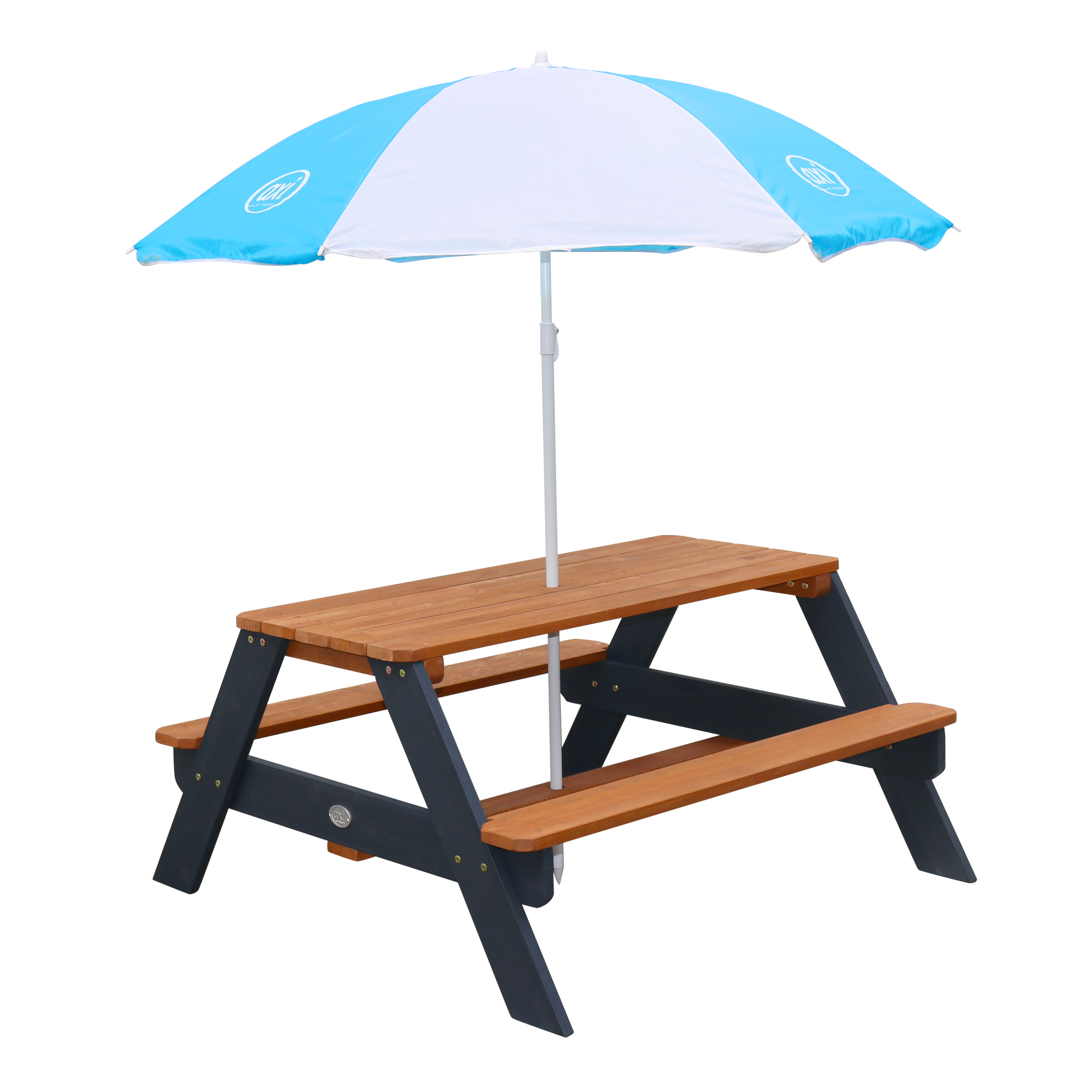 Nick Picknicktafel Antraciet/bruin - Parasol Blauw/wit