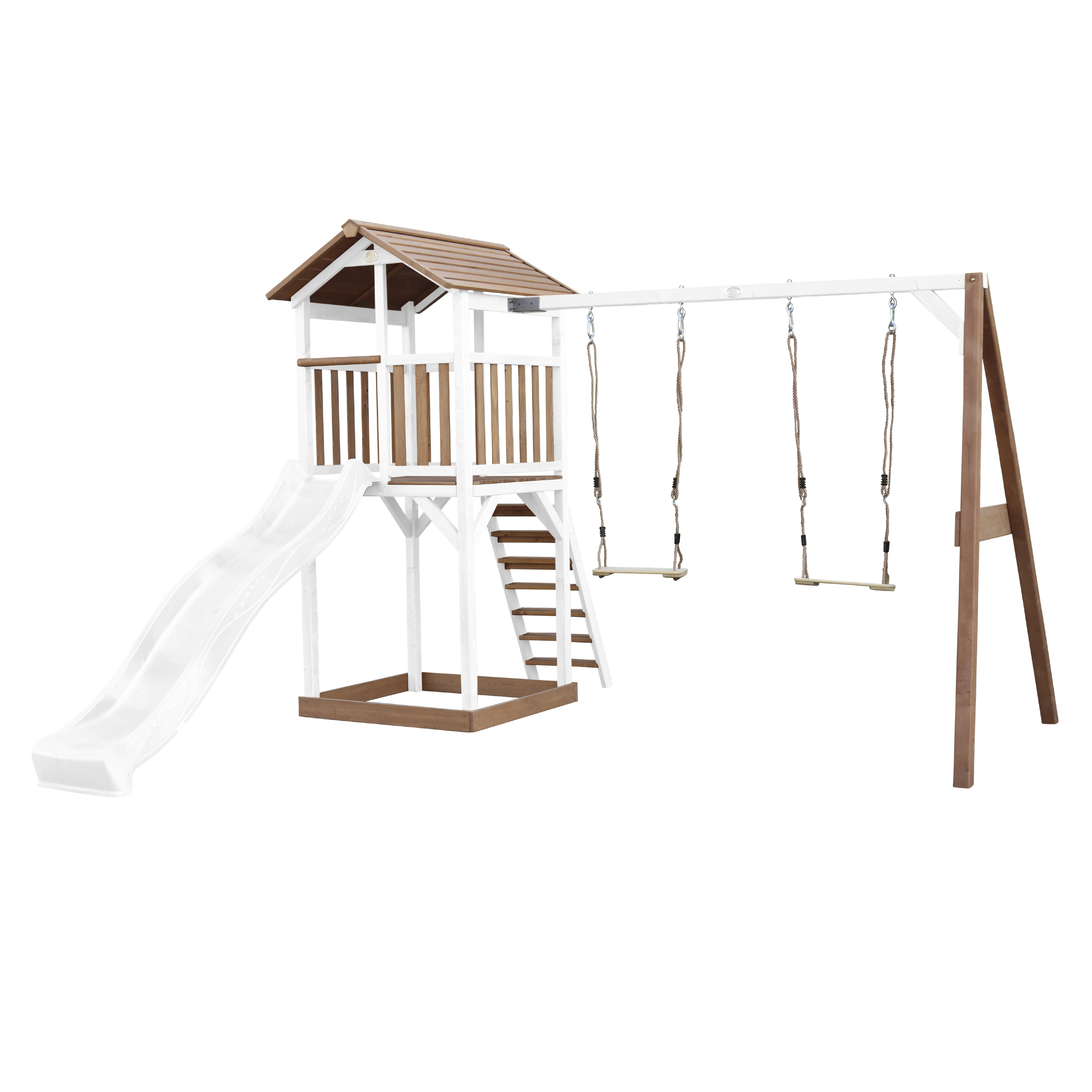 Beach Tower with Double Swing Brown/White - White Slide