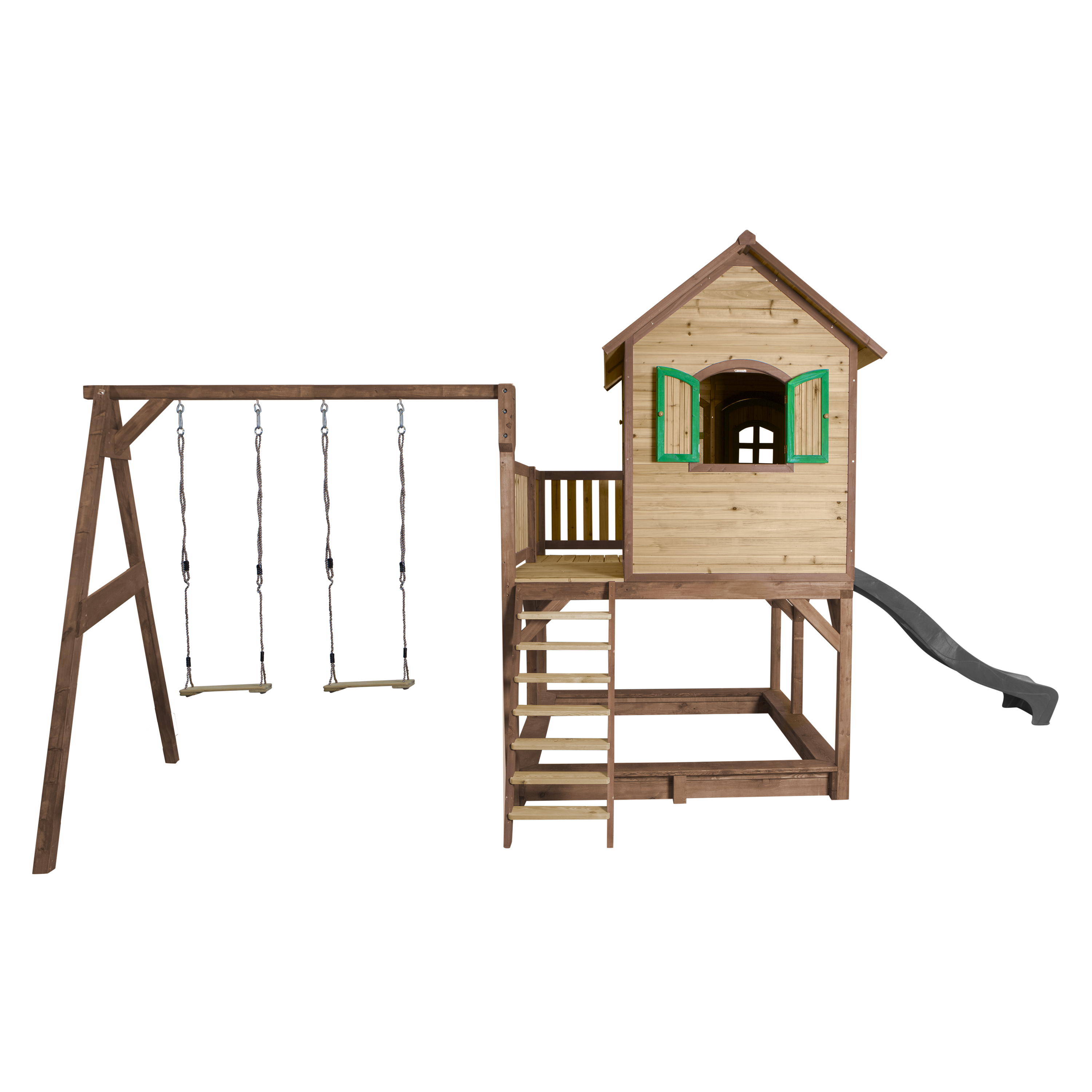 Liam Playhouse with Double Swing Brown/Green - Grey Slide