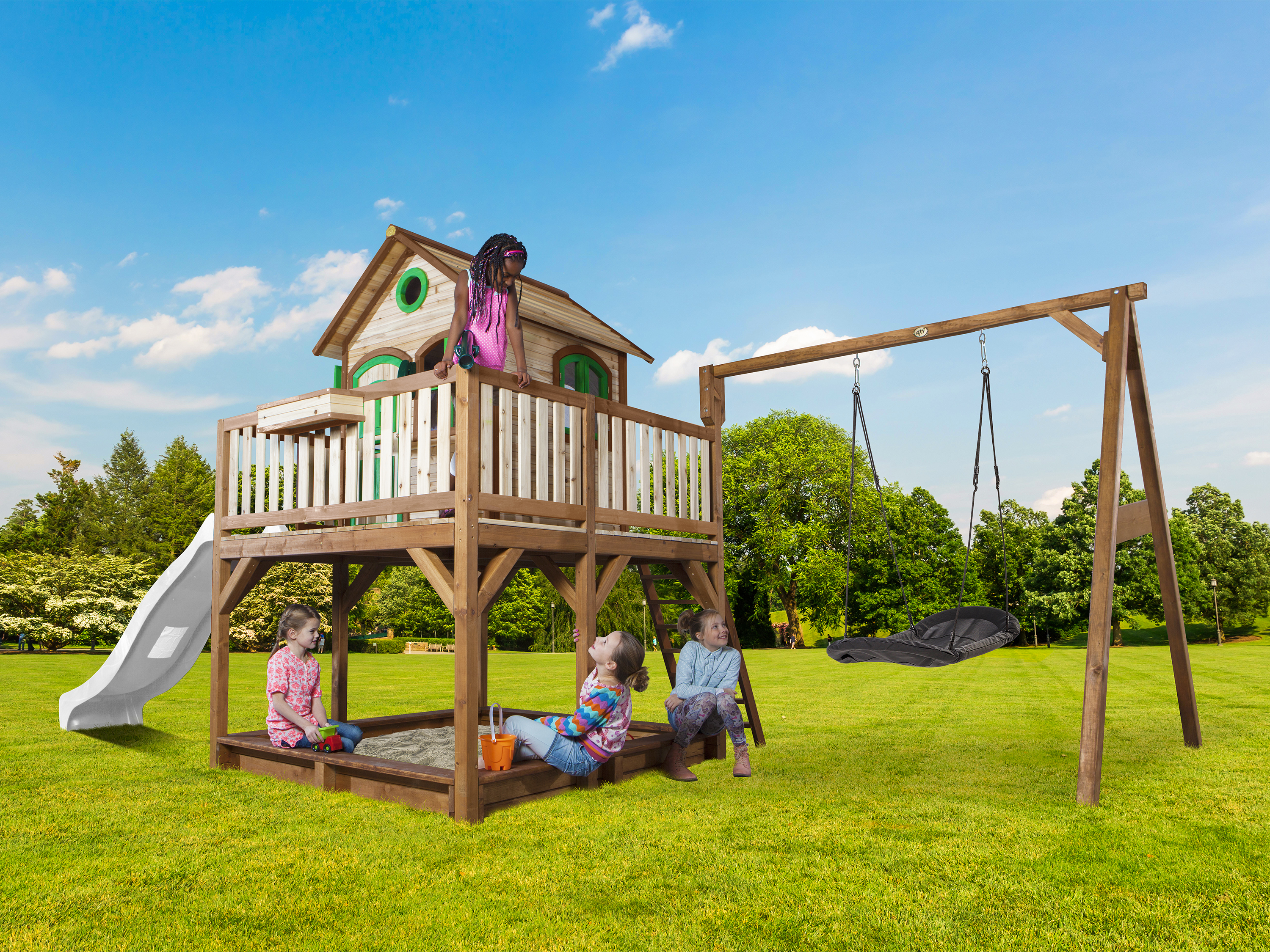 Liam Playhouse with Roxy Nest Swing Brown/Green - White Slid