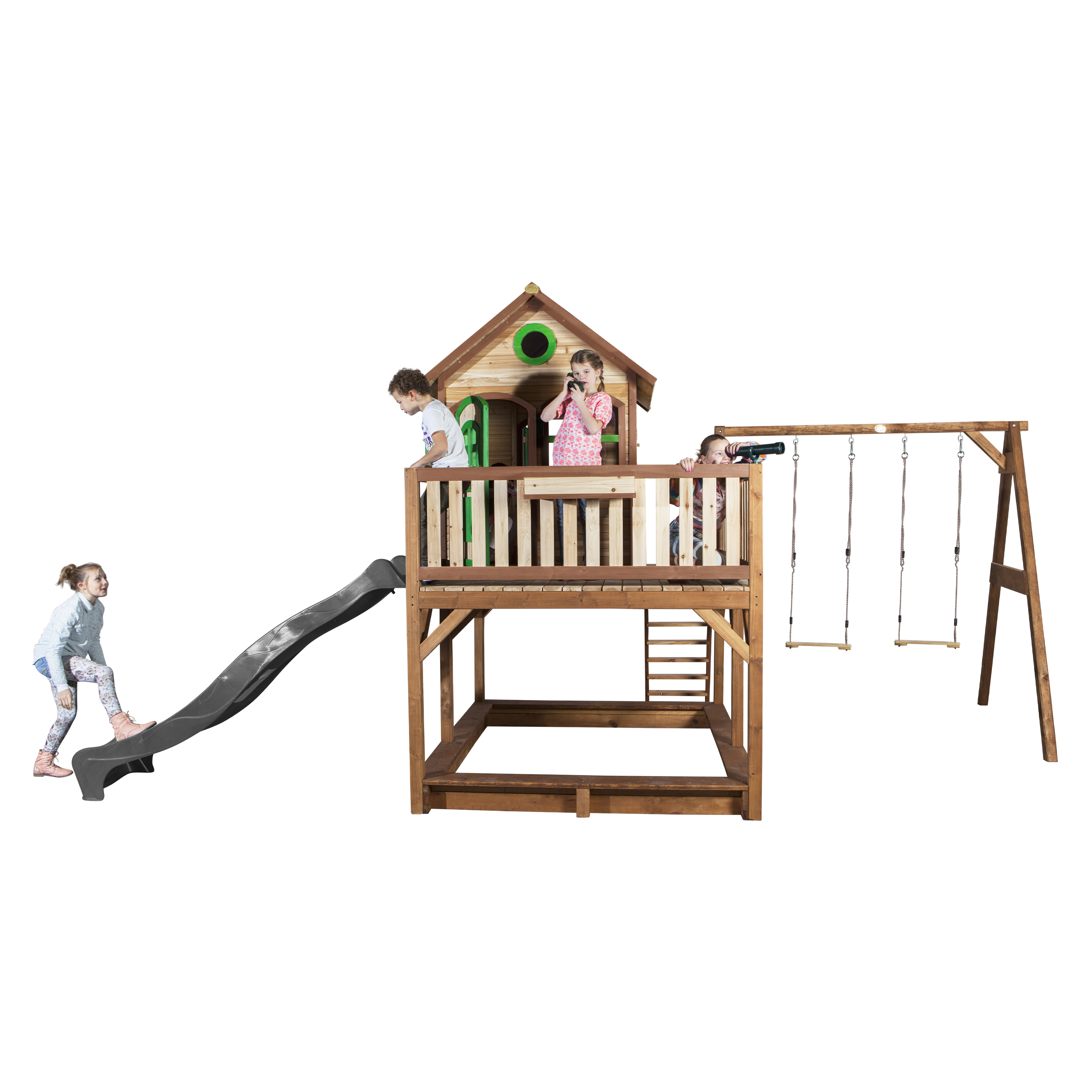 Liam Playhouse with Double Swing Brown/Green - Grey Slide