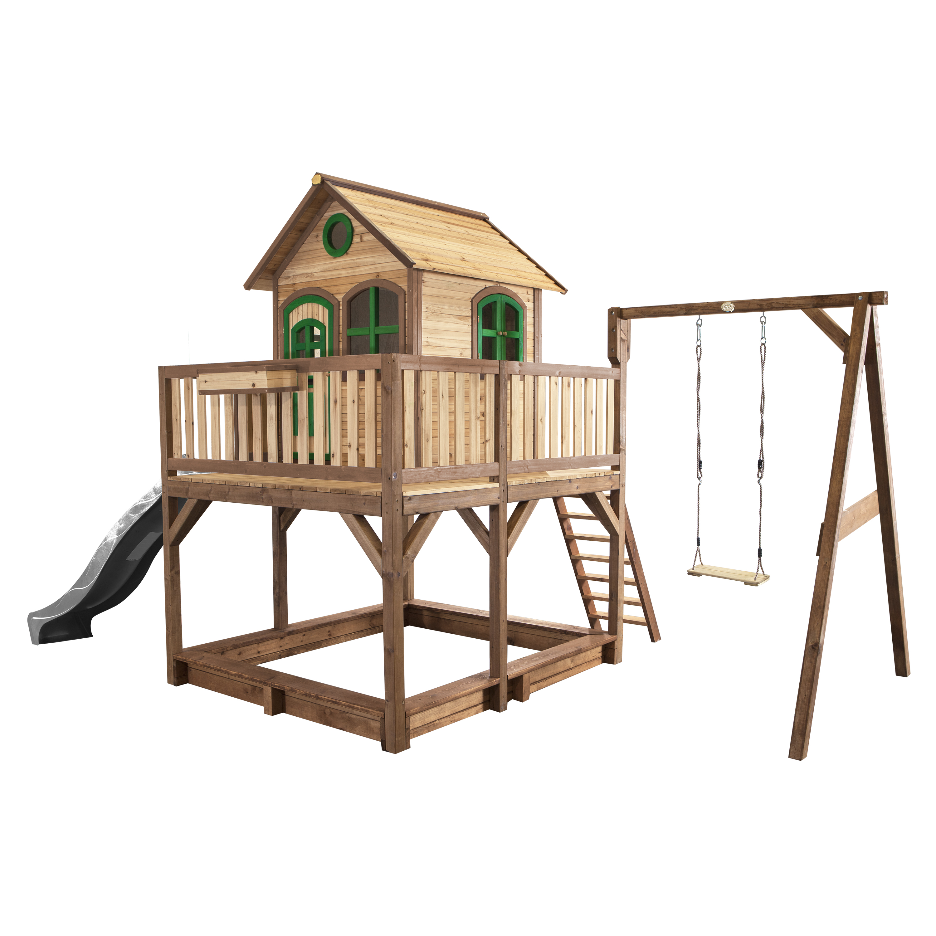 Liam Playhouse with Single Swing Brown/Green - Grey Slide