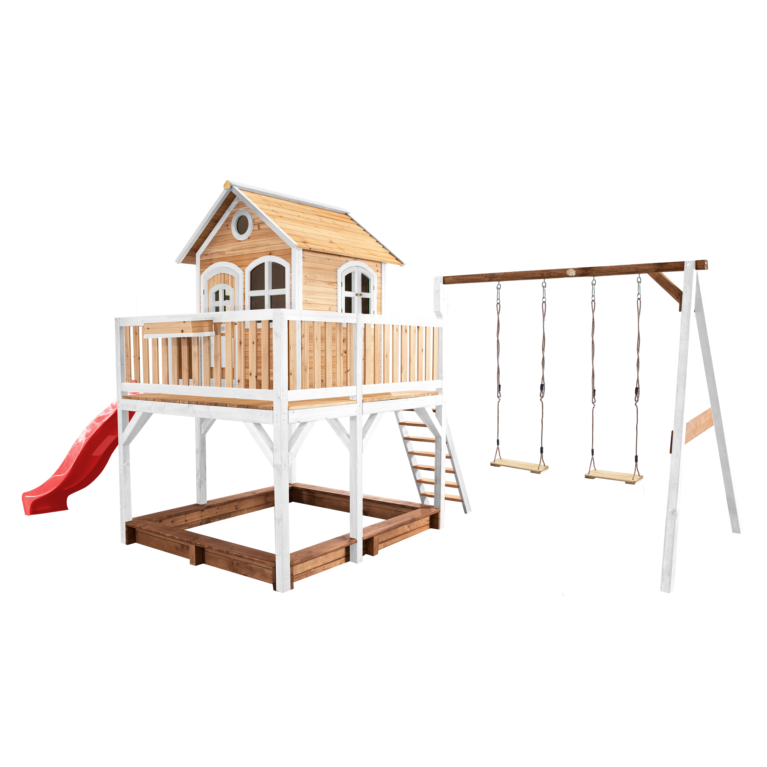 Liam Playhouse with Double Swing Brown/White - Red Slide