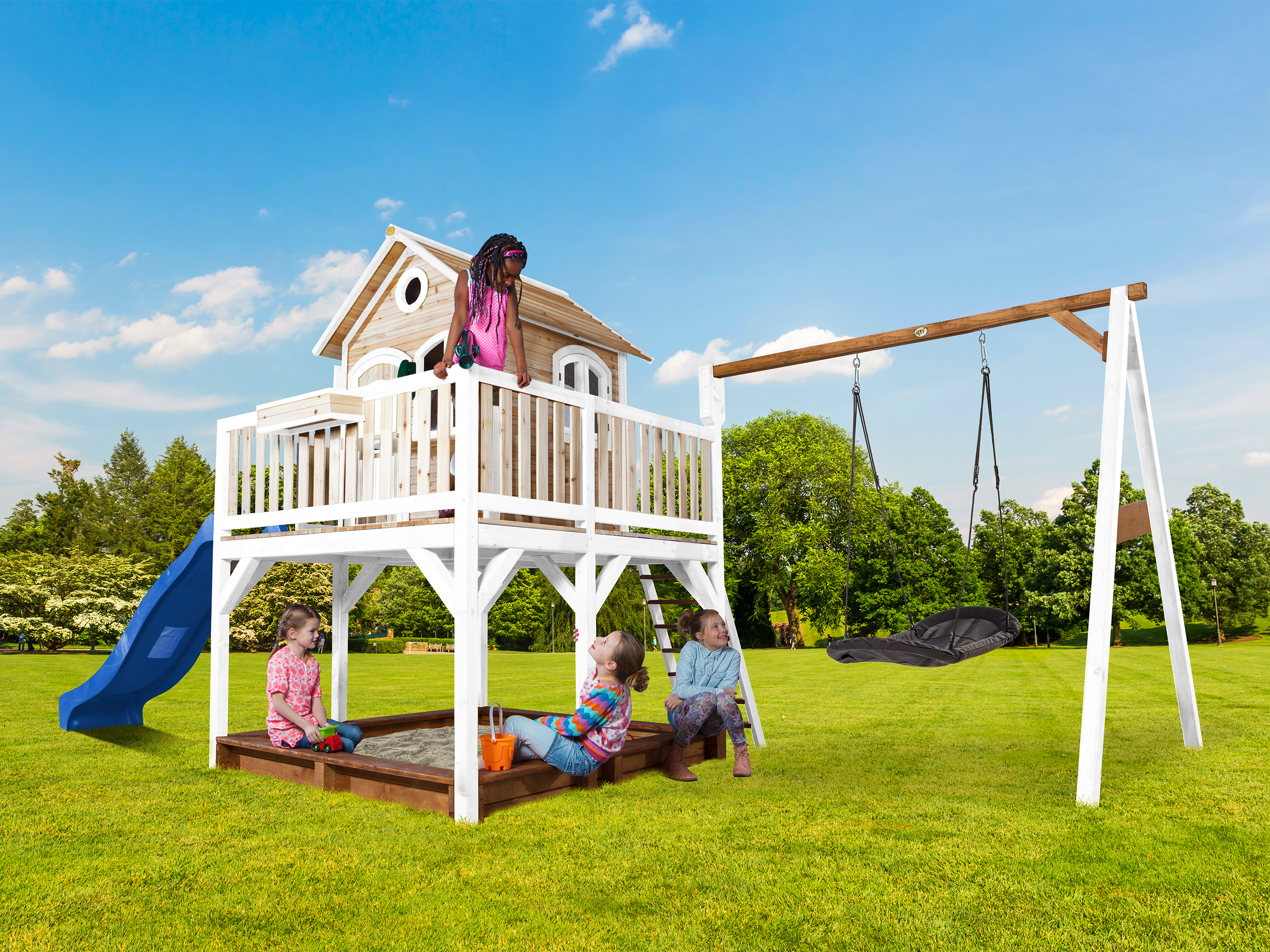 Liam Playhouse with Roxy Nest Swing Brown/White - Blue Slide