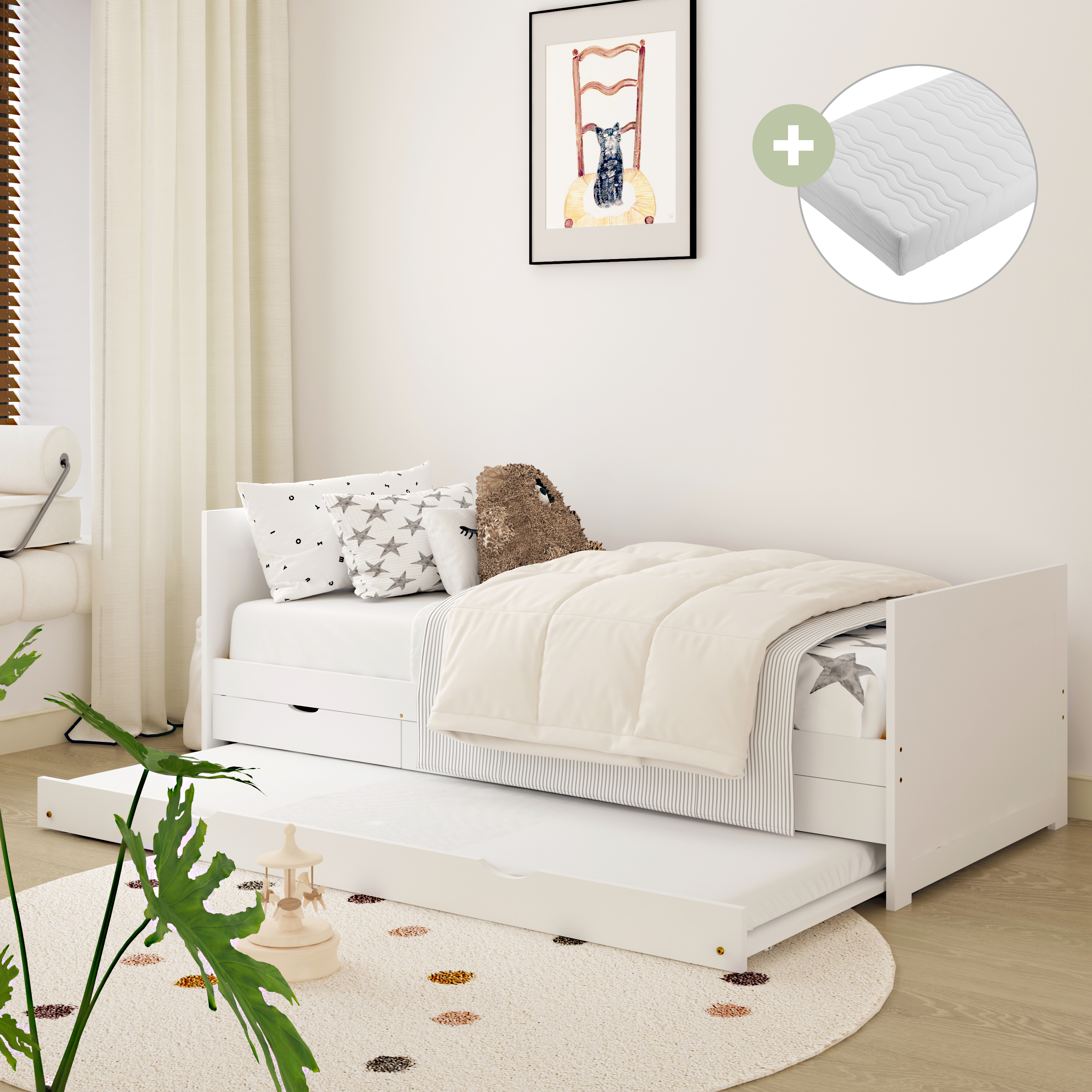 Eli Kids Bed with Trundle White – With Mattress