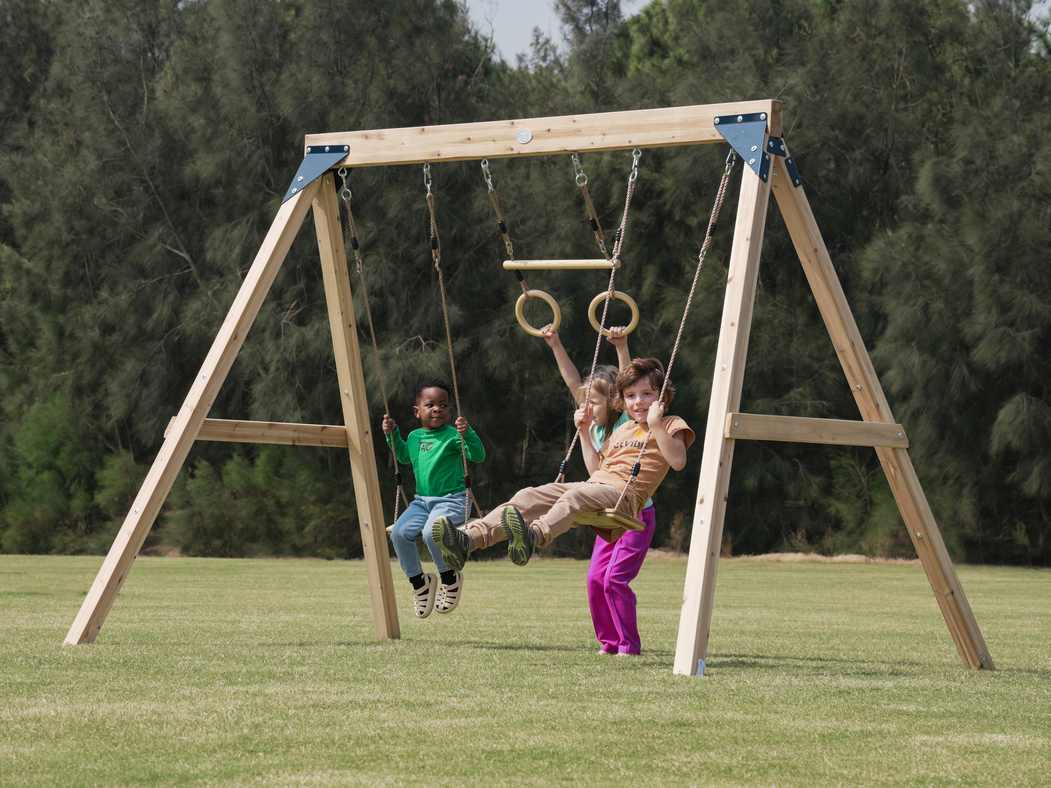 Maya Double wooden Swing with Trapeze Brown