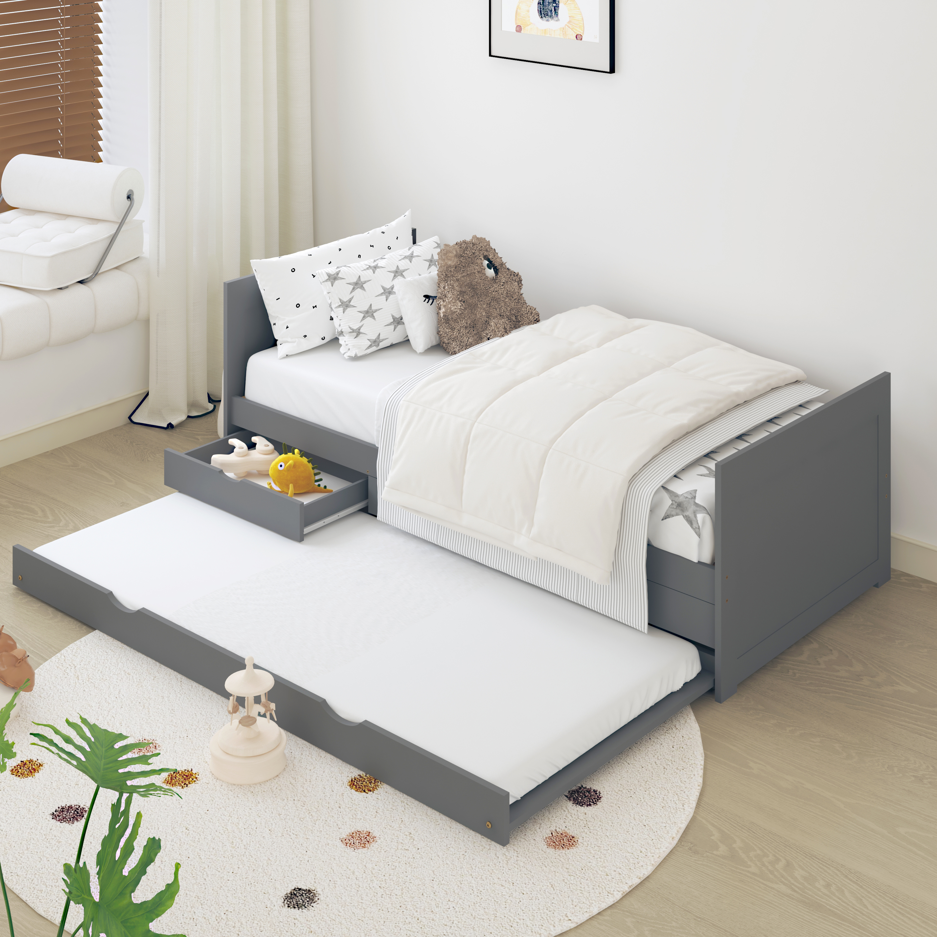 Eli Kids Bed with Trundle Grey– Without Mattress