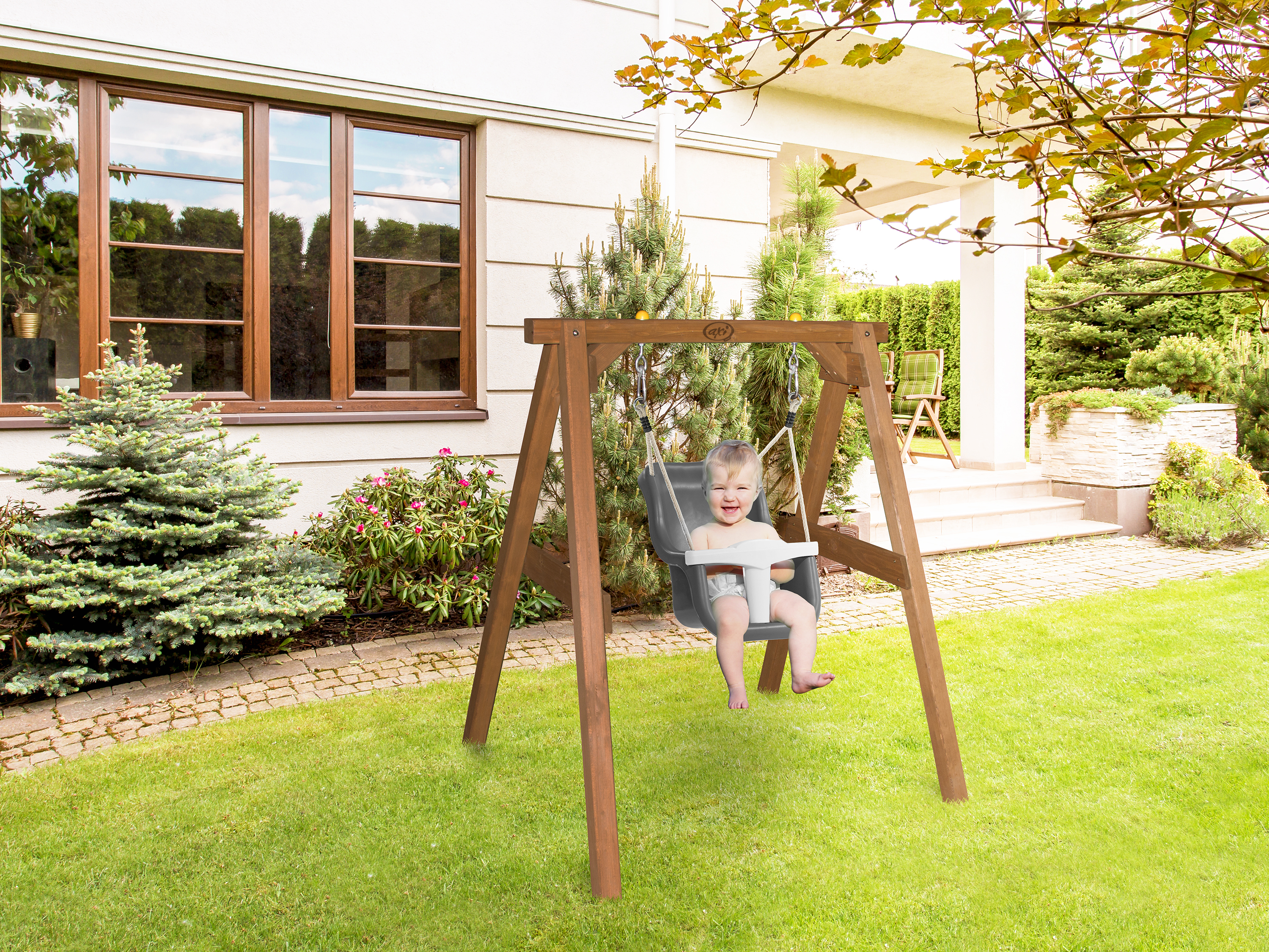 Baby Schommel Bruin met zitje Grijs/wit