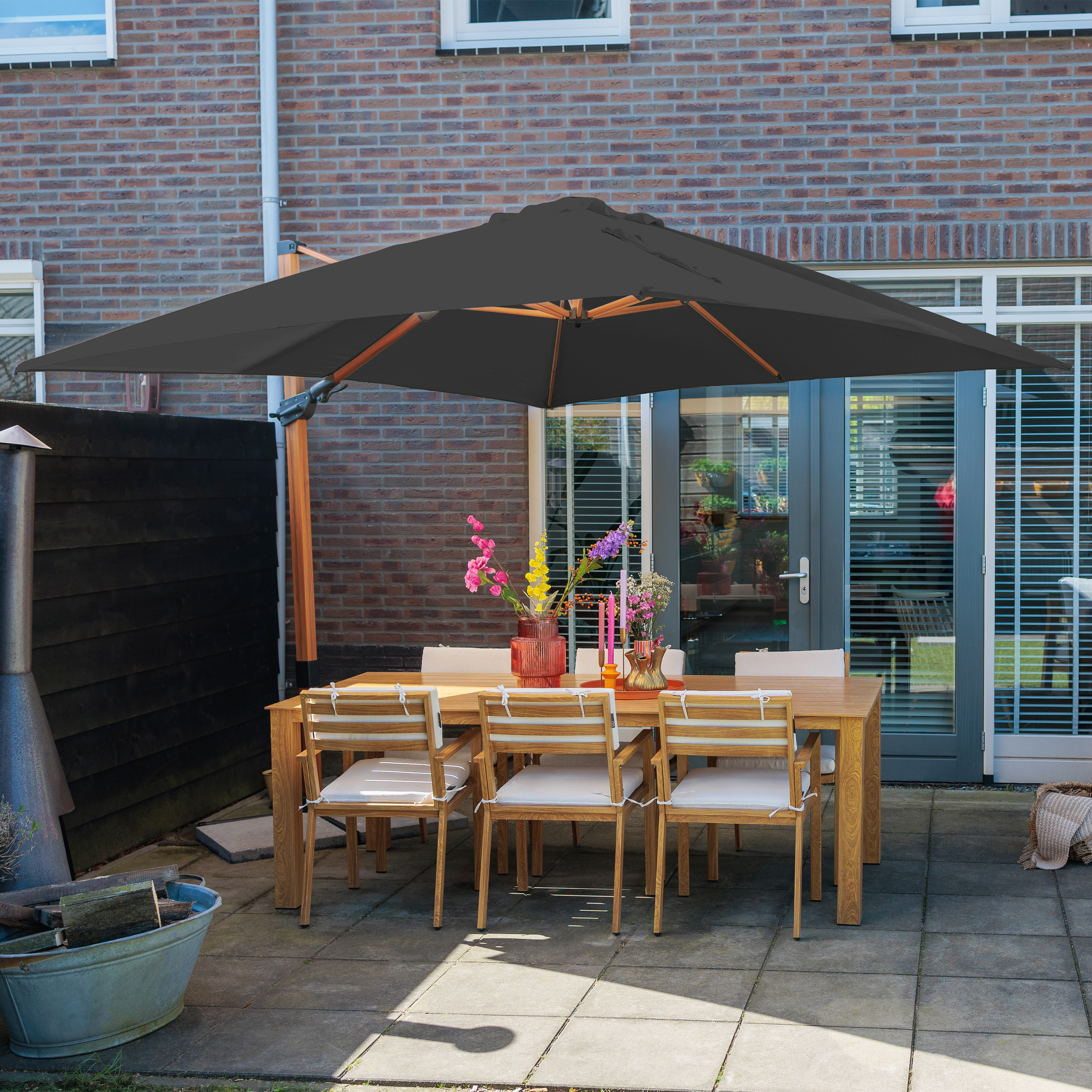 Apollo Premium Zweefparasol 300x300 Houtlook/grijs