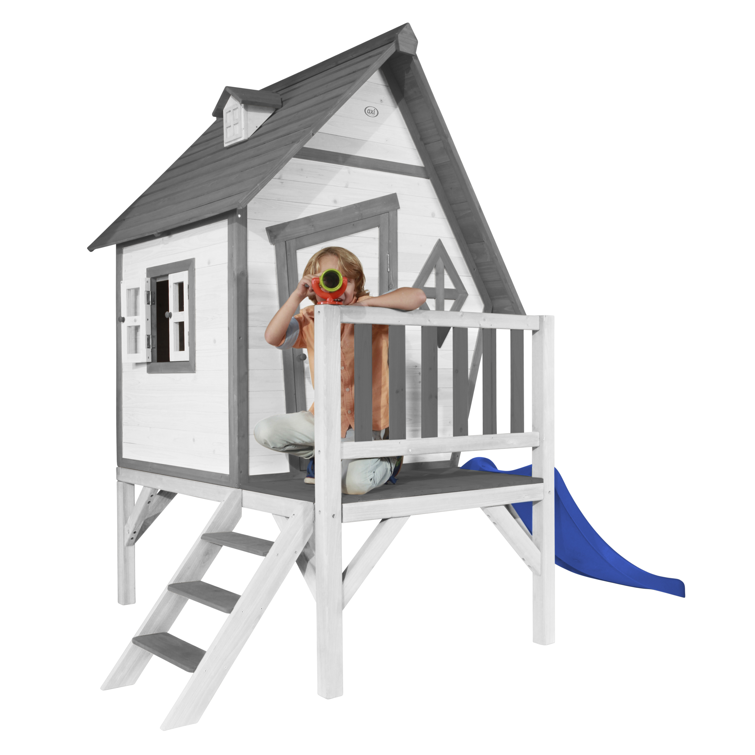 Cabin XL Speelhuis Grijs/wit - Blauwe Glijbaan